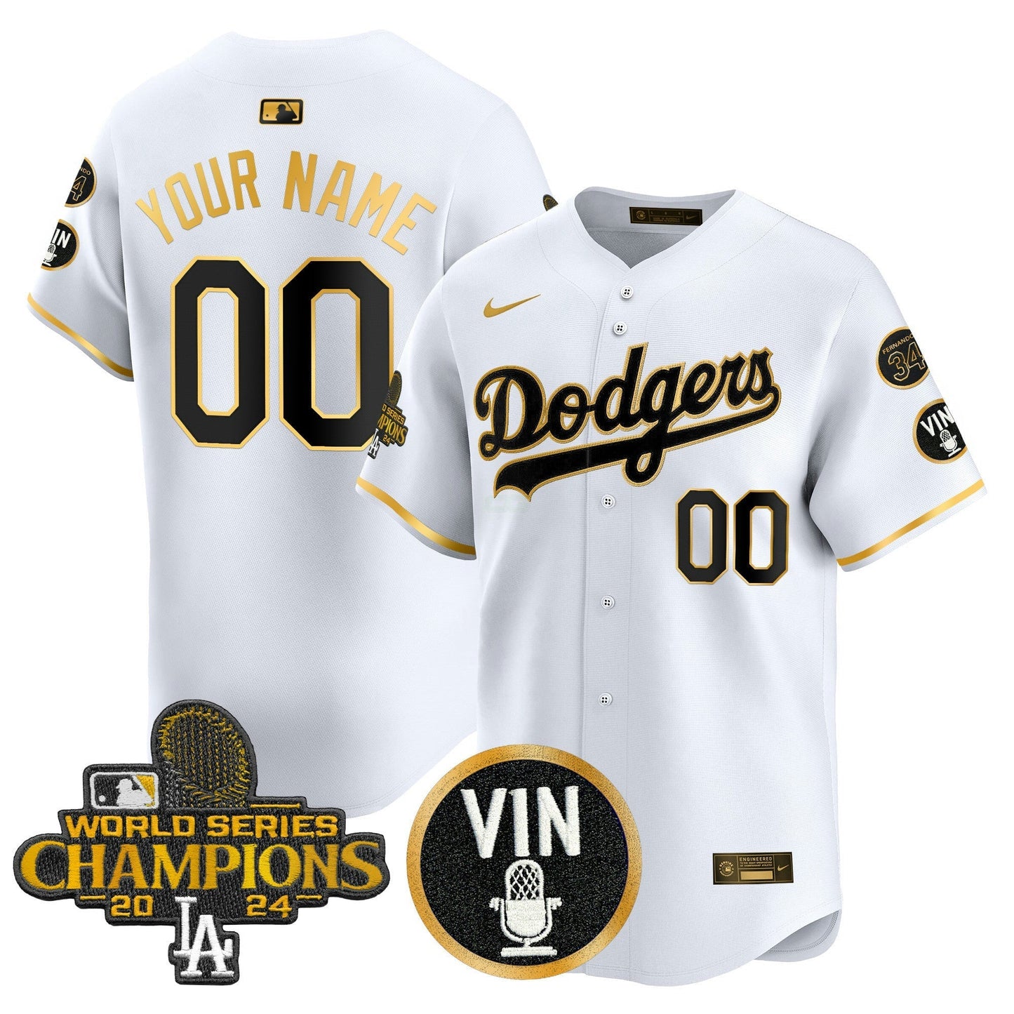 Camisa MLB 2025 Vin Scully & #34 Fernando Patch Dourada Vapor Premier Limited Jersey