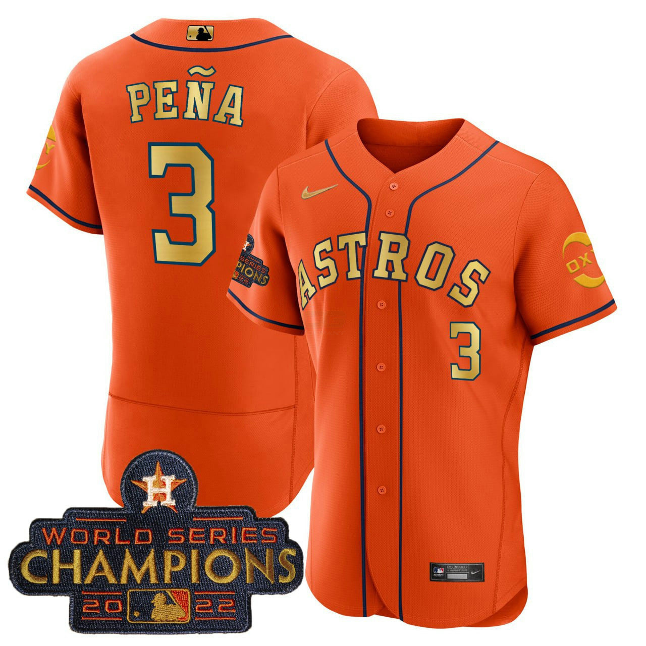 Camisa MLB Jeremy Pena Houston Laranja Dourada Oxy Patch Jersey - Flex Base