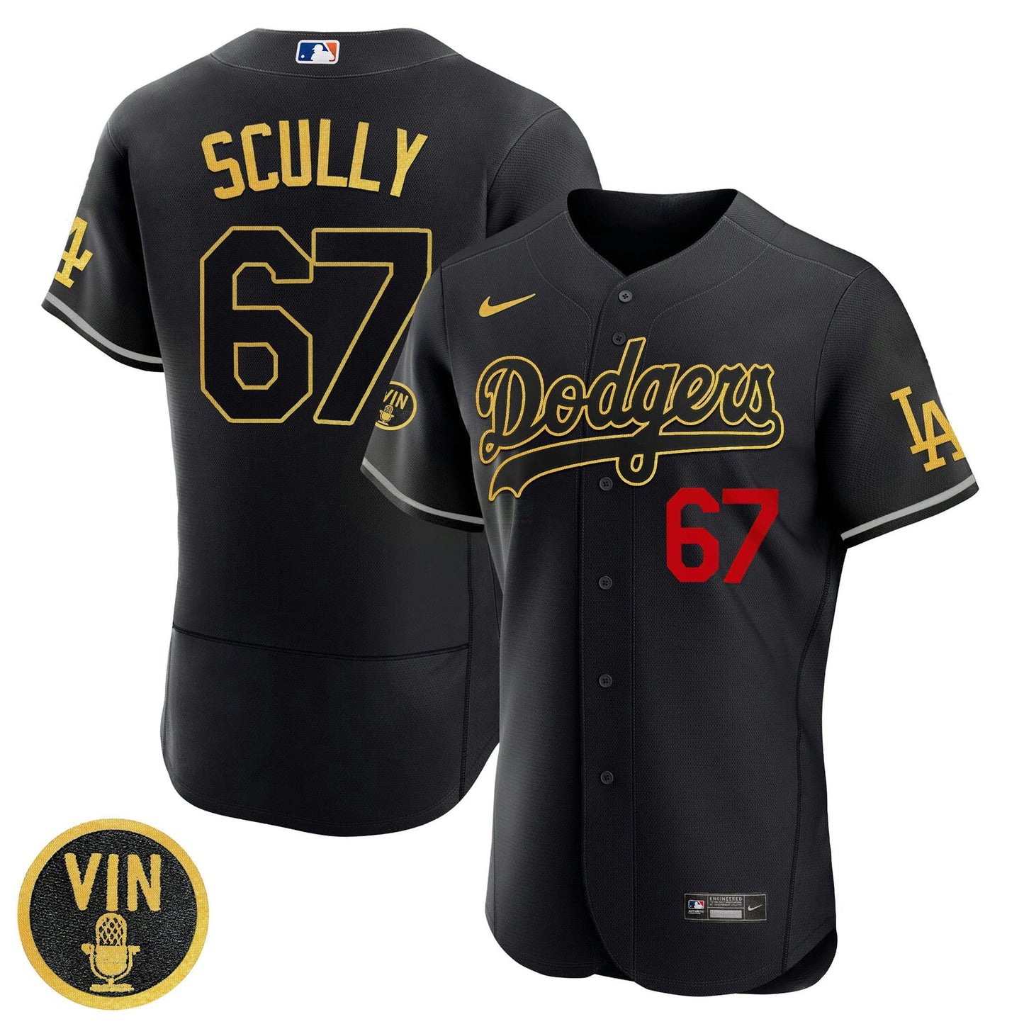 Camisa MLB Los Angeles Vin Scully Patch Preta Dourada Respect Jersey