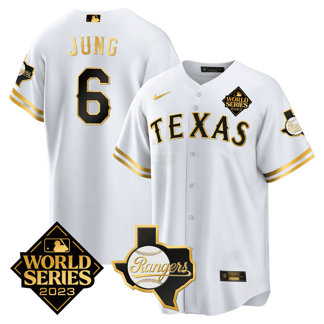 Camisa MLB Men’s Texas 2023 World Series & Texas State Patch Dourada Jersey