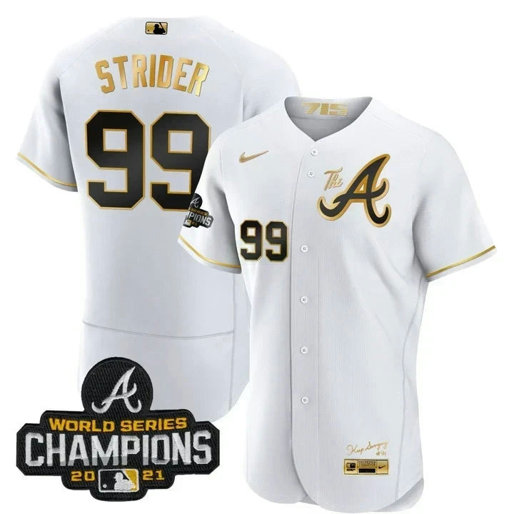 Camisa MLB Spencer Strider Atlanta City Connect Branca Dourada Jersey