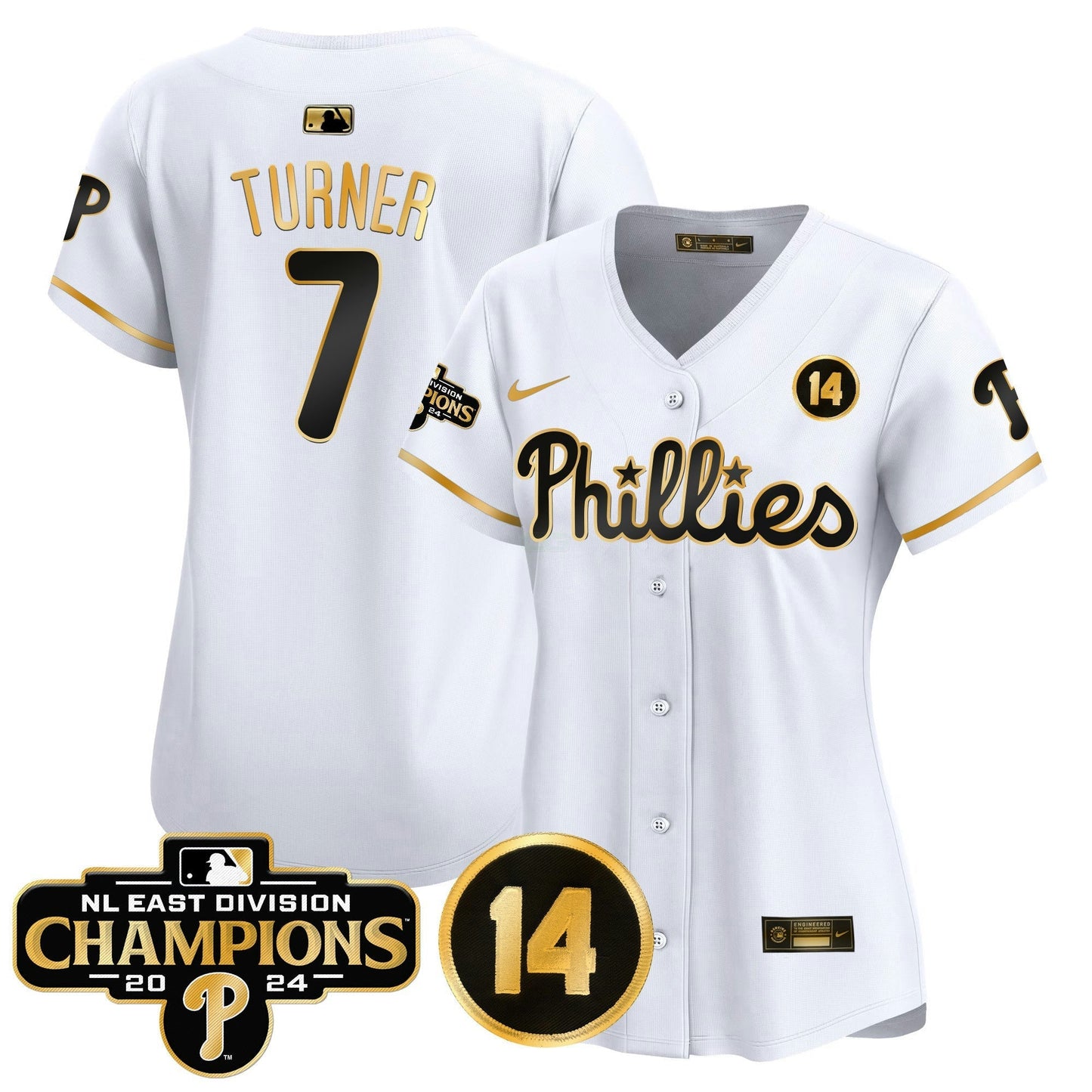 Camisa MLB Women’s 2024 NL East Division Champions & Pete Rose Patch Dourada Vapor Premier Limited Jersey