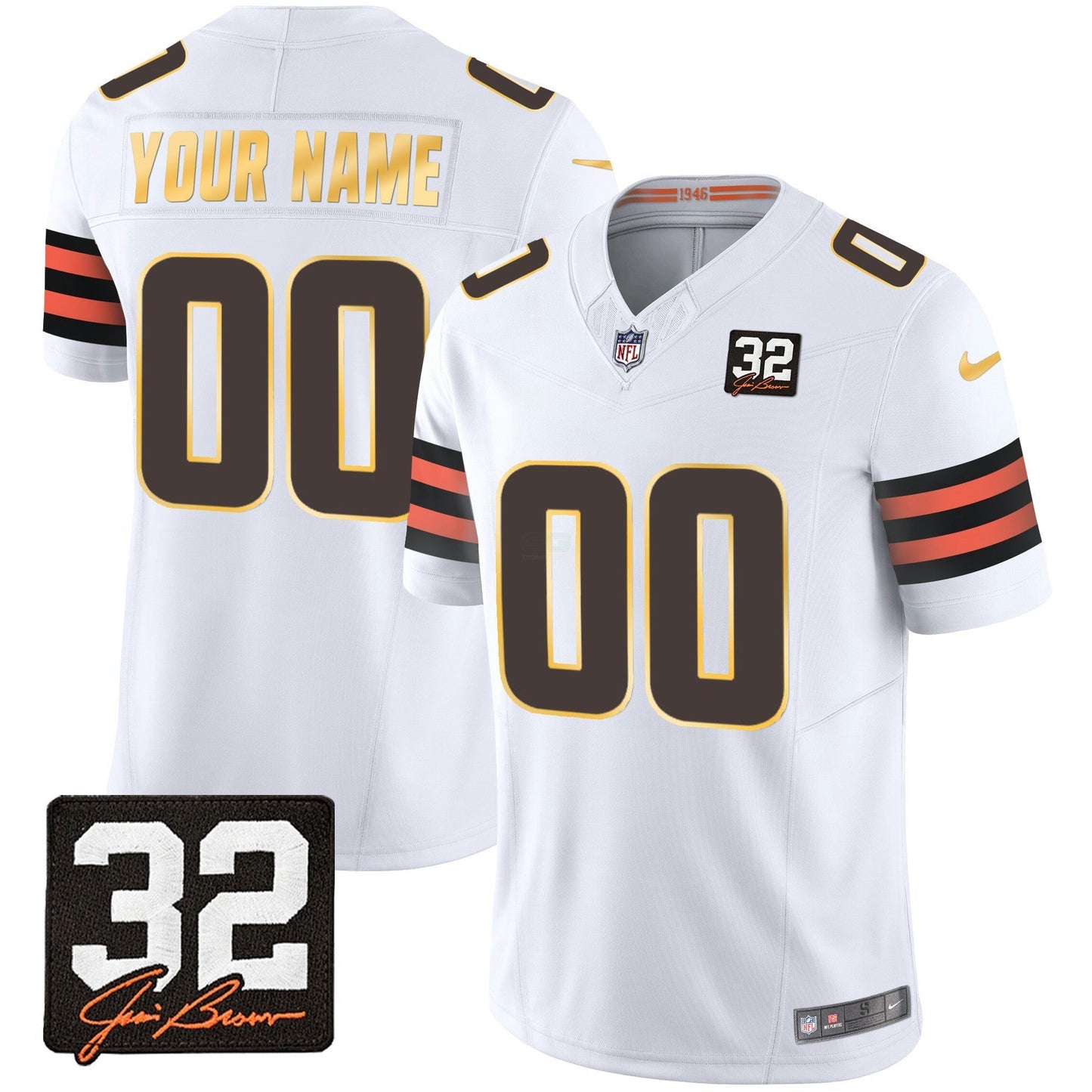 Camisa NFL #32 Jim Brown Memorial Patch Dourada Trim Jersey