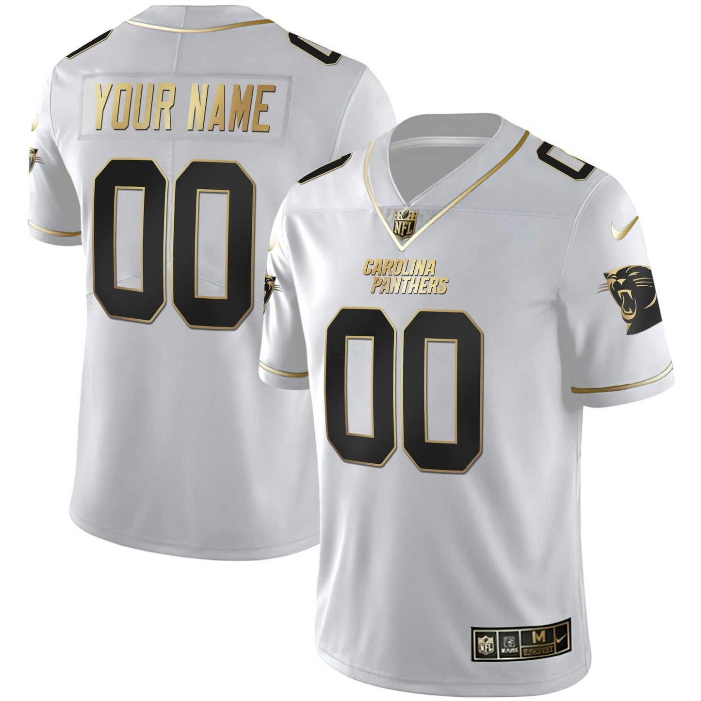 Camisa NFL Carolina Branca Dourada & Preta Dourada Custom Name and Number Jersey