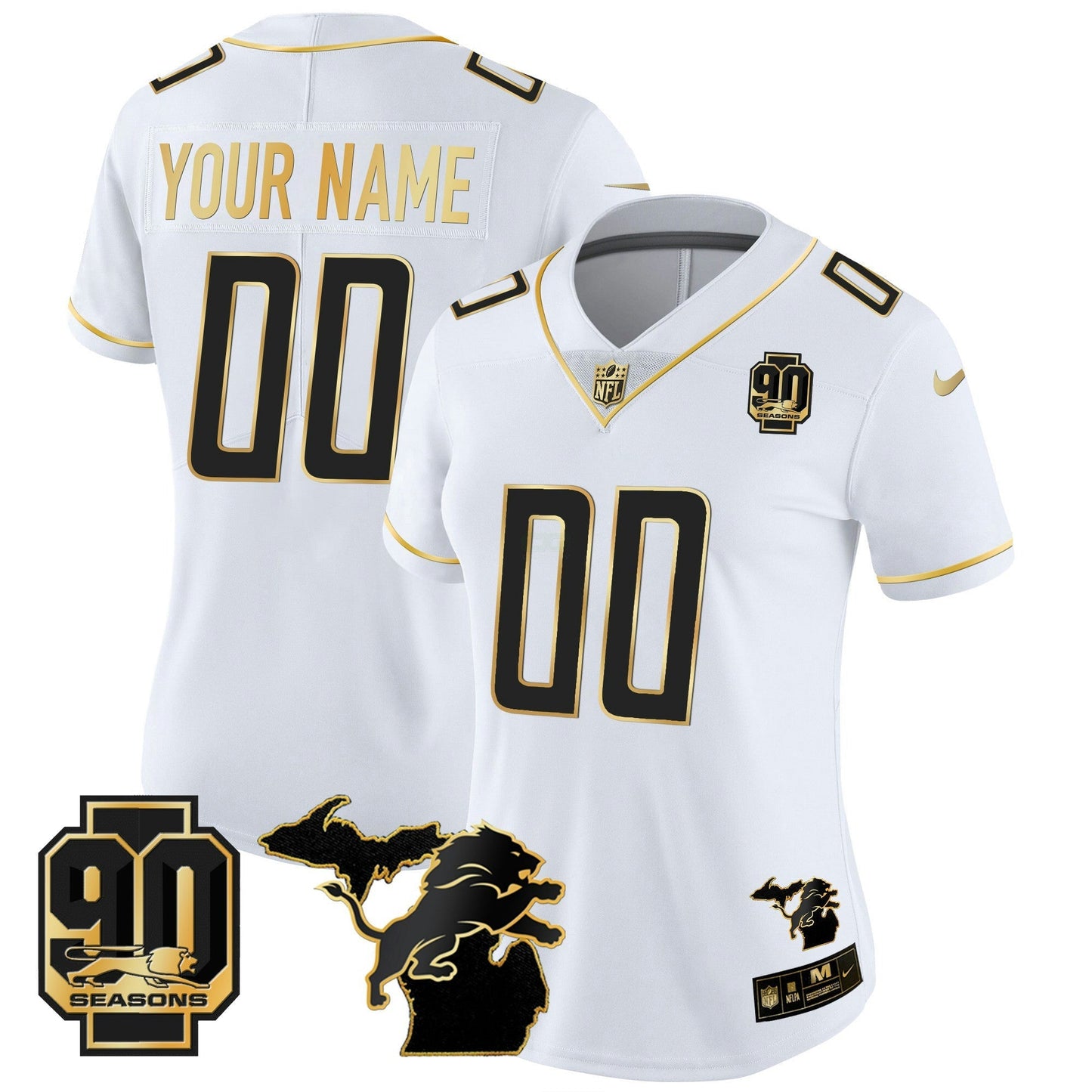 Camisa NFL Detroit 90th Year & Michigan Patch Dourada Vapor Jersey