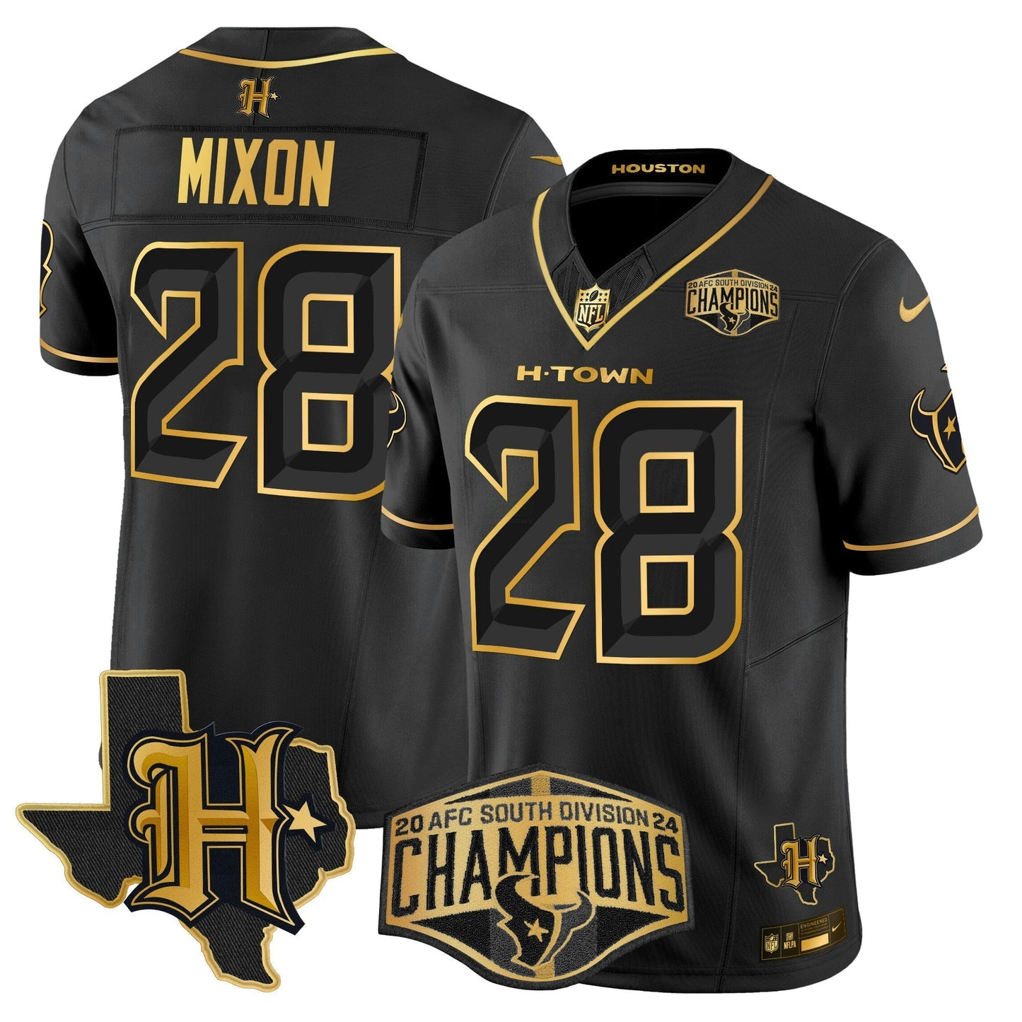 Camisa NFL Men’s Houston 2024 AFC South Division Champions Patch Dourada Vapor Limited Jersey
