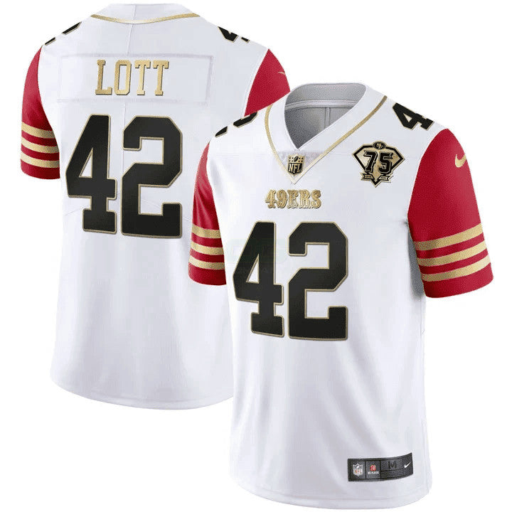 Camisa NFL Men’s Ronnie Lott 75th Anniversary Patch Vapor Preta Vermelha Dourada Limited