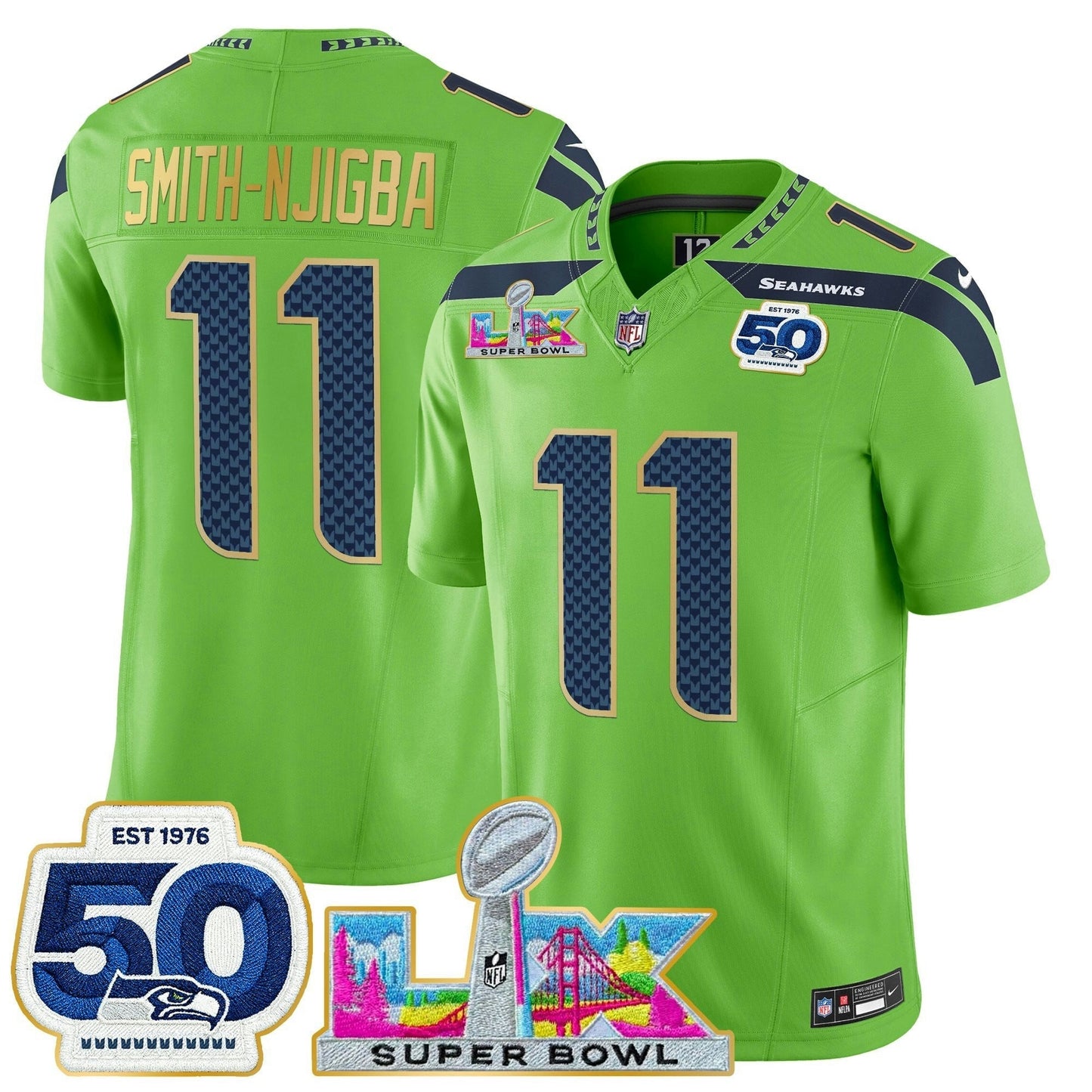 Camisa NFL Men’s Seattle “Super Bowl LX & 50th Patch” Dourada Trim Vapor Limited Jersey