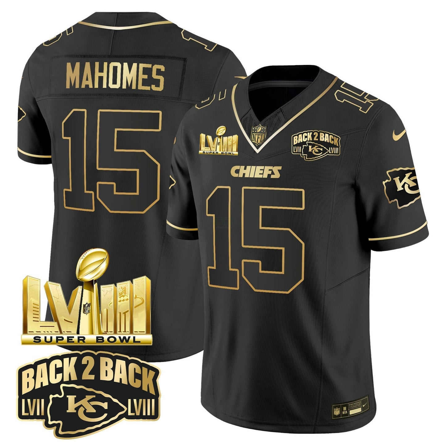 Camisa NFL Men’s Super Bowl LVIII & Back 2 Back Gold Patch Vapor Jersey V2