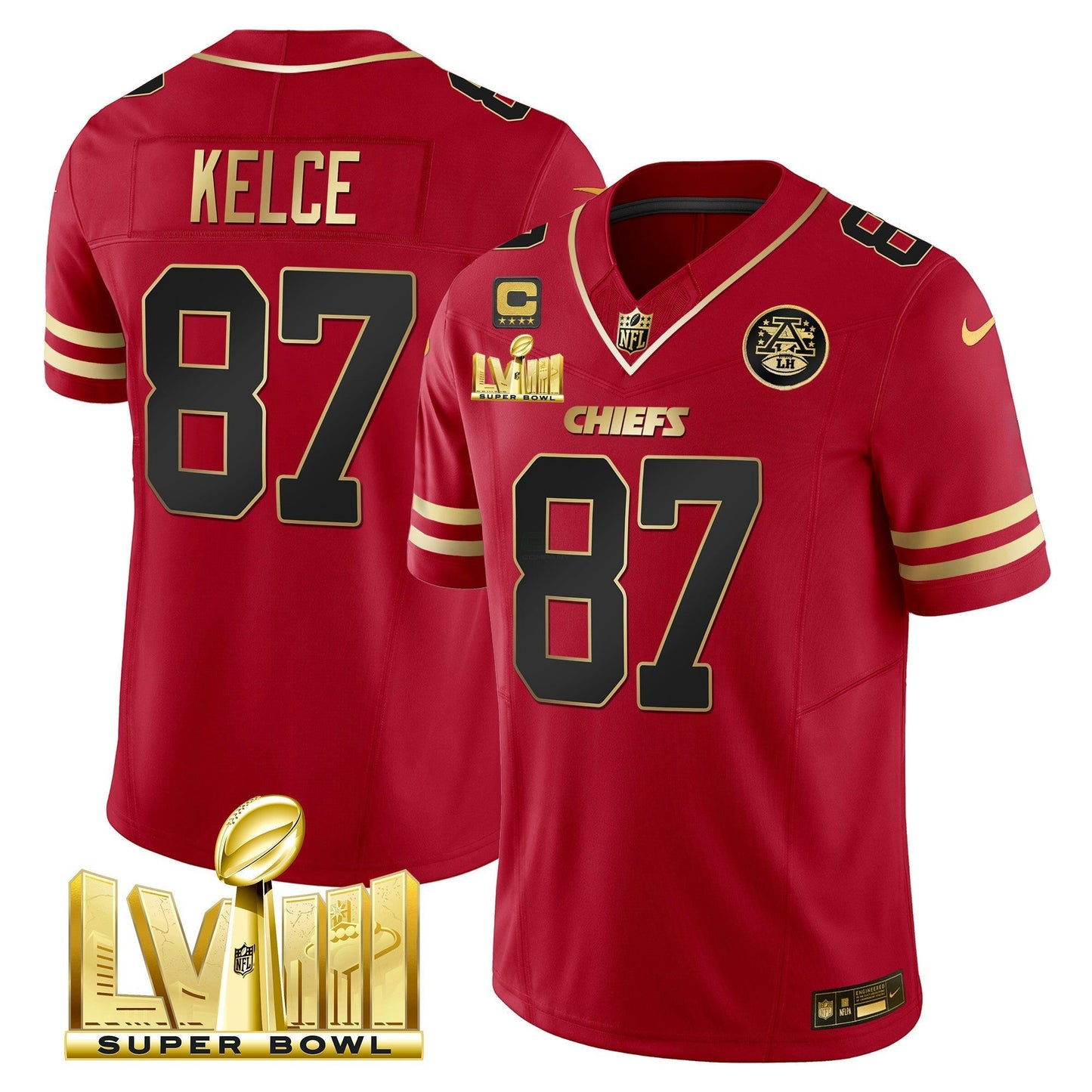 Camisa NFL Kansas City Chiefs Men’s Super Bowl LVIII Dourada Patch Vapor Jersey
