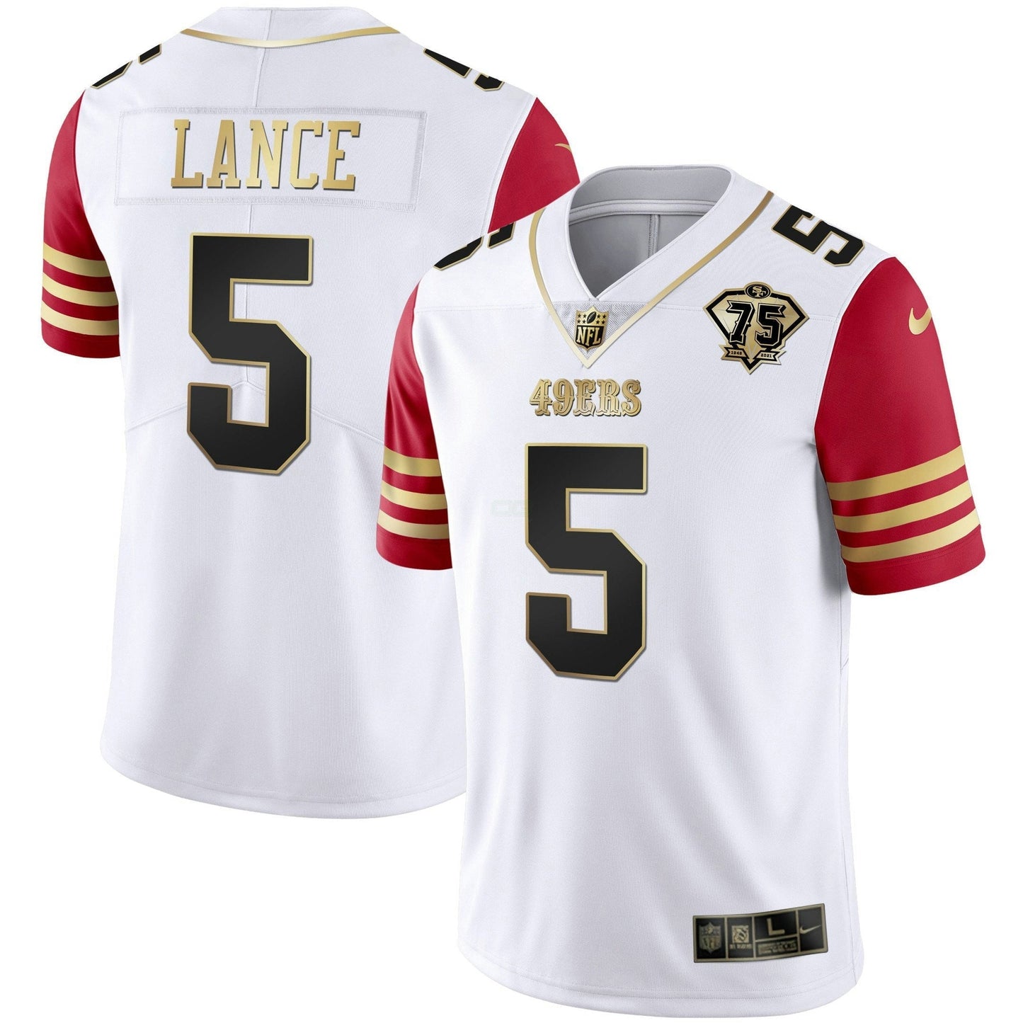 Camisa NFL Men’s Trey Lance 75th Anniversary Patch Vapor Preta Vermelha Dourada Limited
