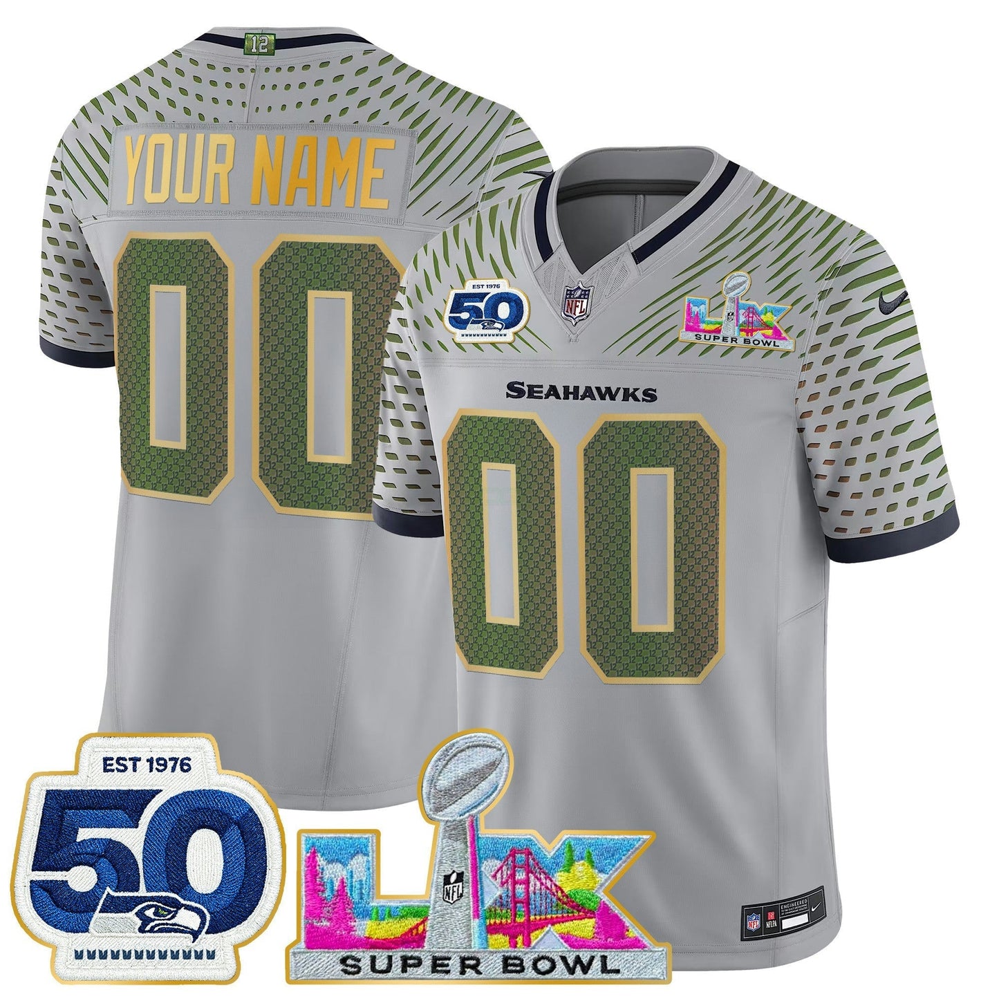 Camisa NFL Seattle “Super Bowl LX & 50th Patch” Dourada Trim Vapor Limited Jersey