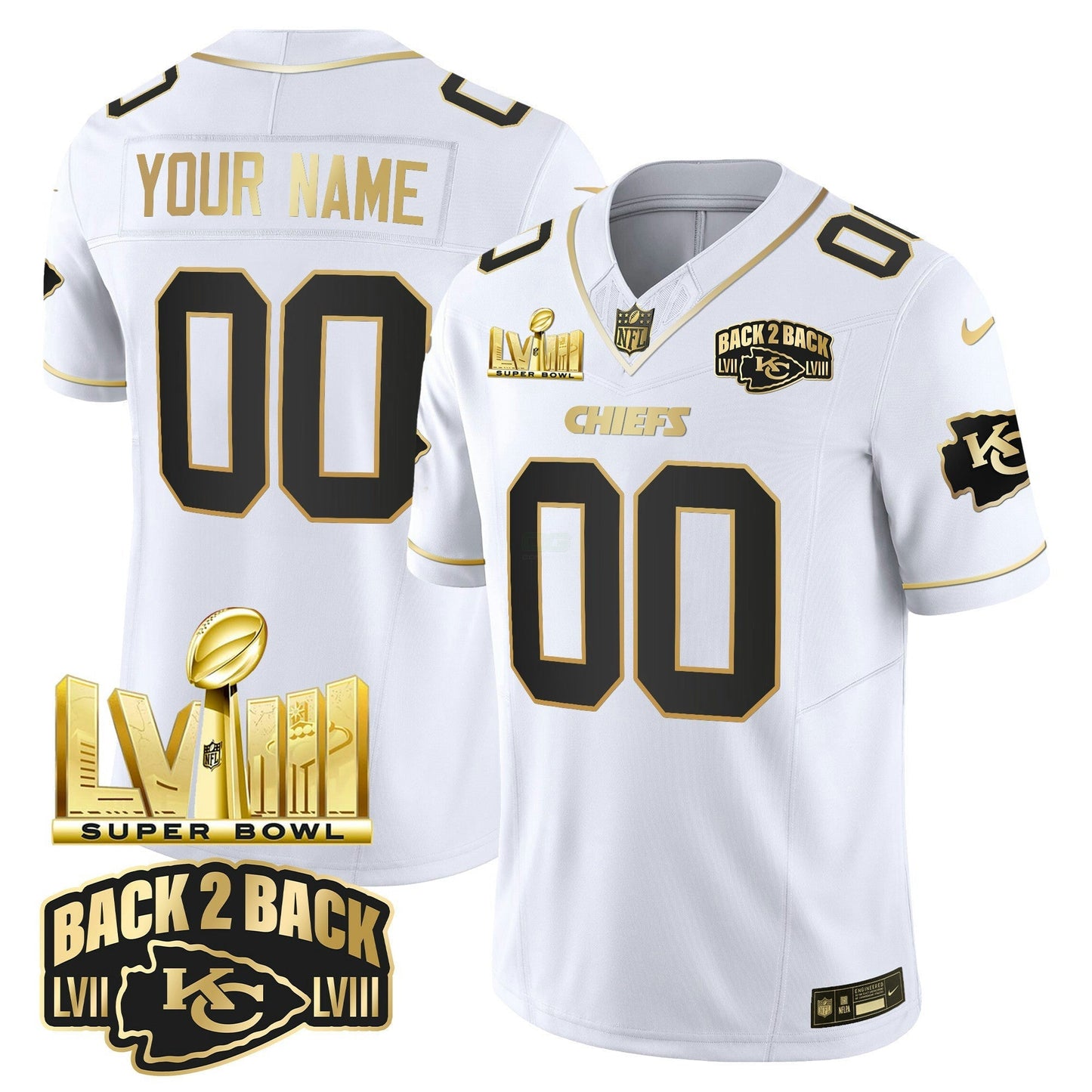 Camisa NFL Super Bowl LVIII & Back 2 Back Gold Patch Vapor Jersey V2