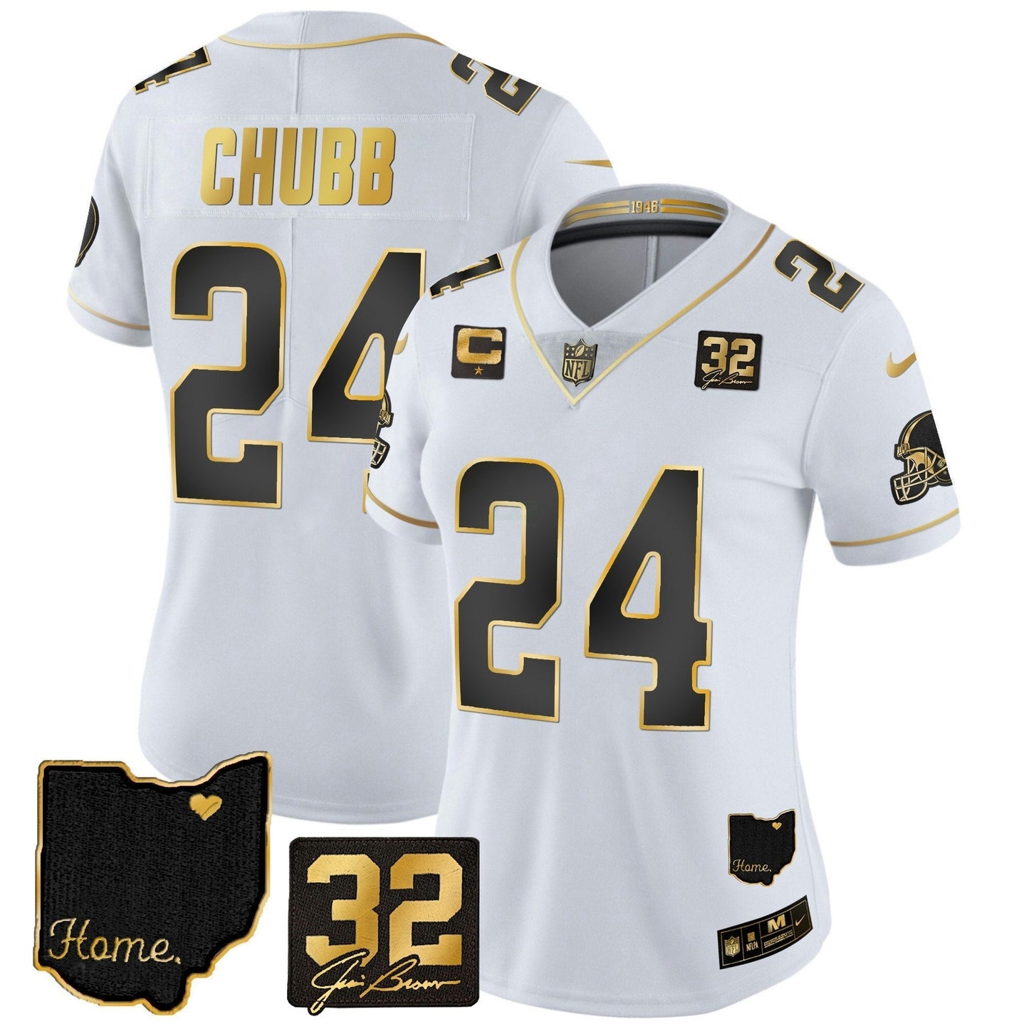 Camisa NFL Women’s #32 Jim Brown Memorial & Home Patch Dourada Jersey
