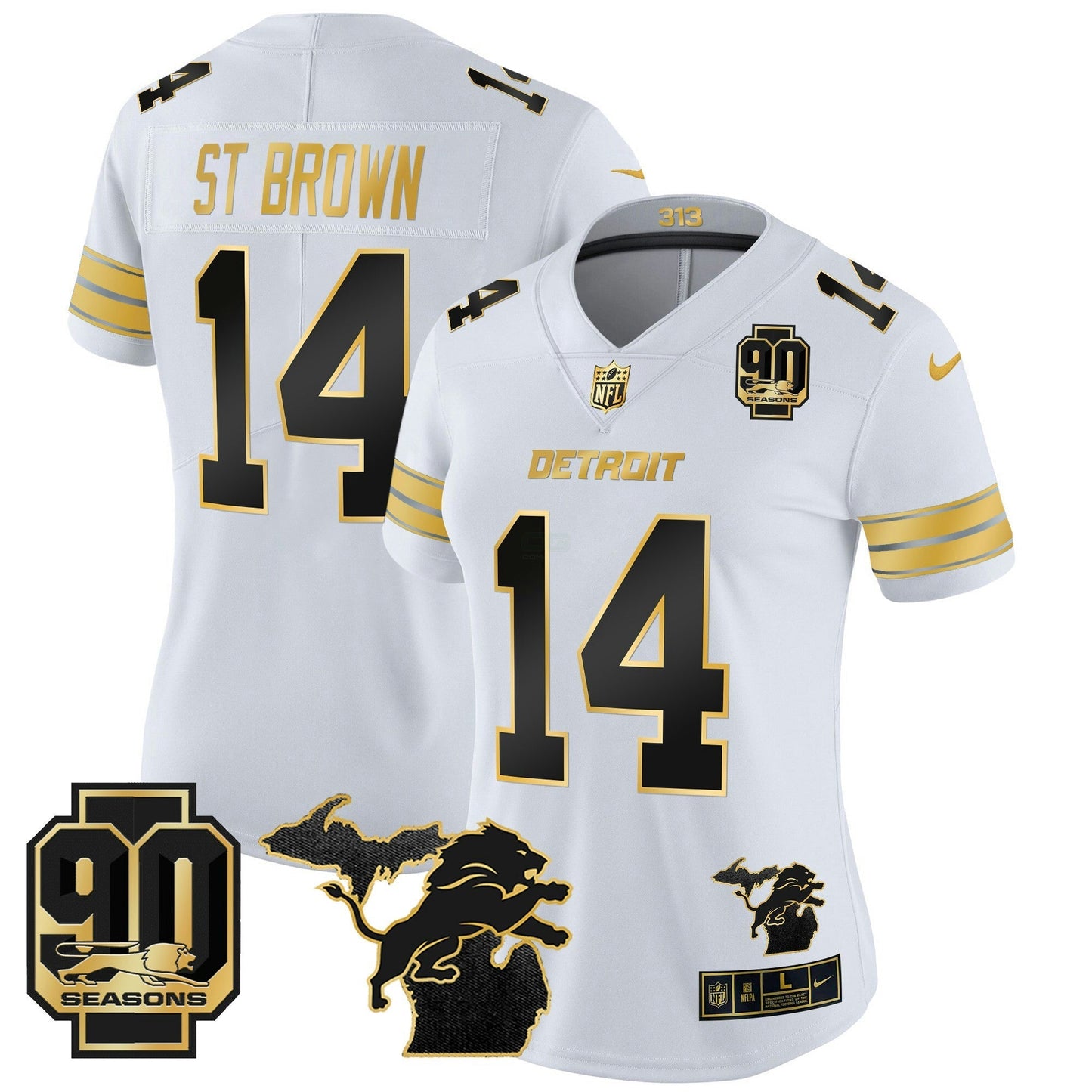 Camisa NFL Women’s Detroit 2024 Michigan & 90th Year Patch Dourada Vapor Limited Jersey