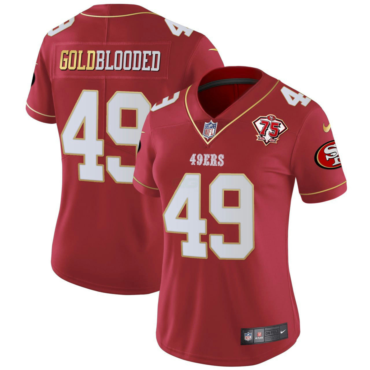Camisa NFL Women’s Gold Blooded San Francisco Vermelha Branca Dourada Jersey - Vermelha