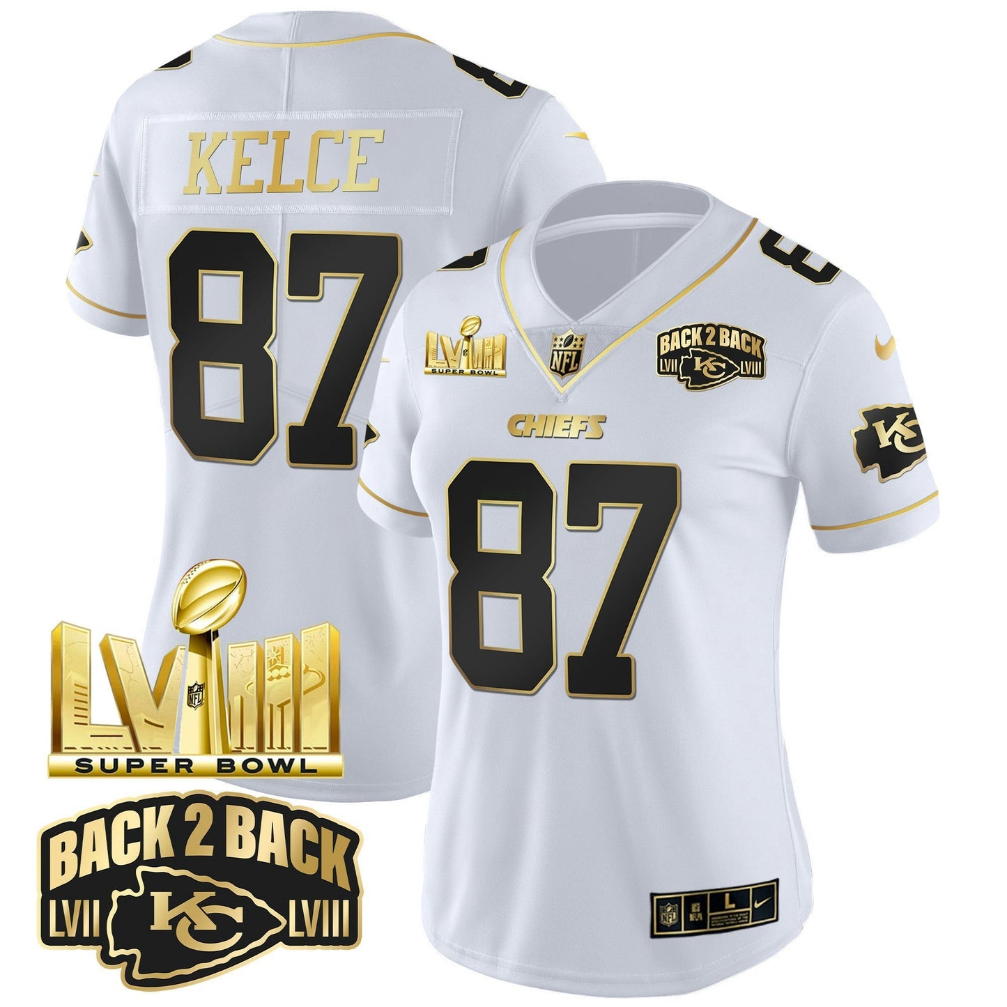 Camisa NFL Women’s Super Bowl LVIII & Back 2 Back Gold Patch Vapor Jersey V2