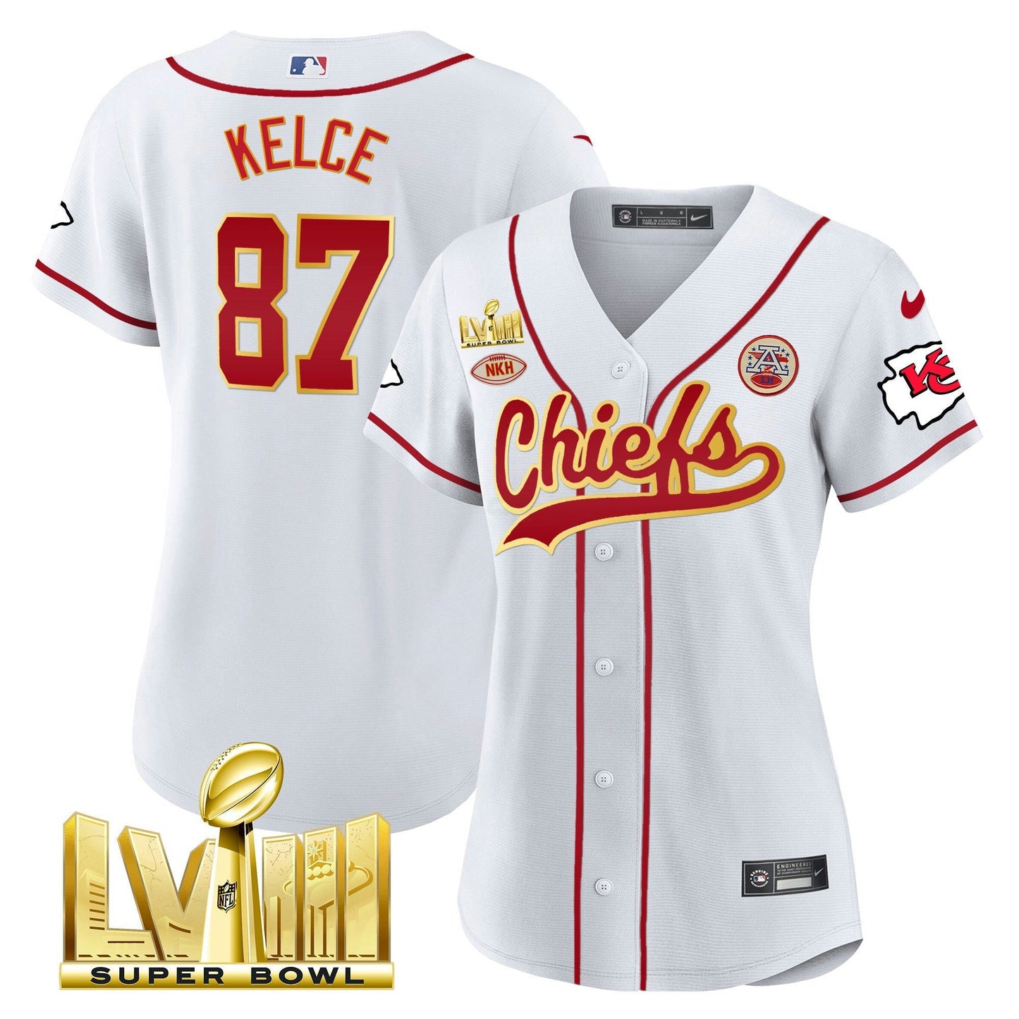 Camisa NFL Kansas City Chiefs Women’s Super Bowl LVIII Dourada Patch Jersey