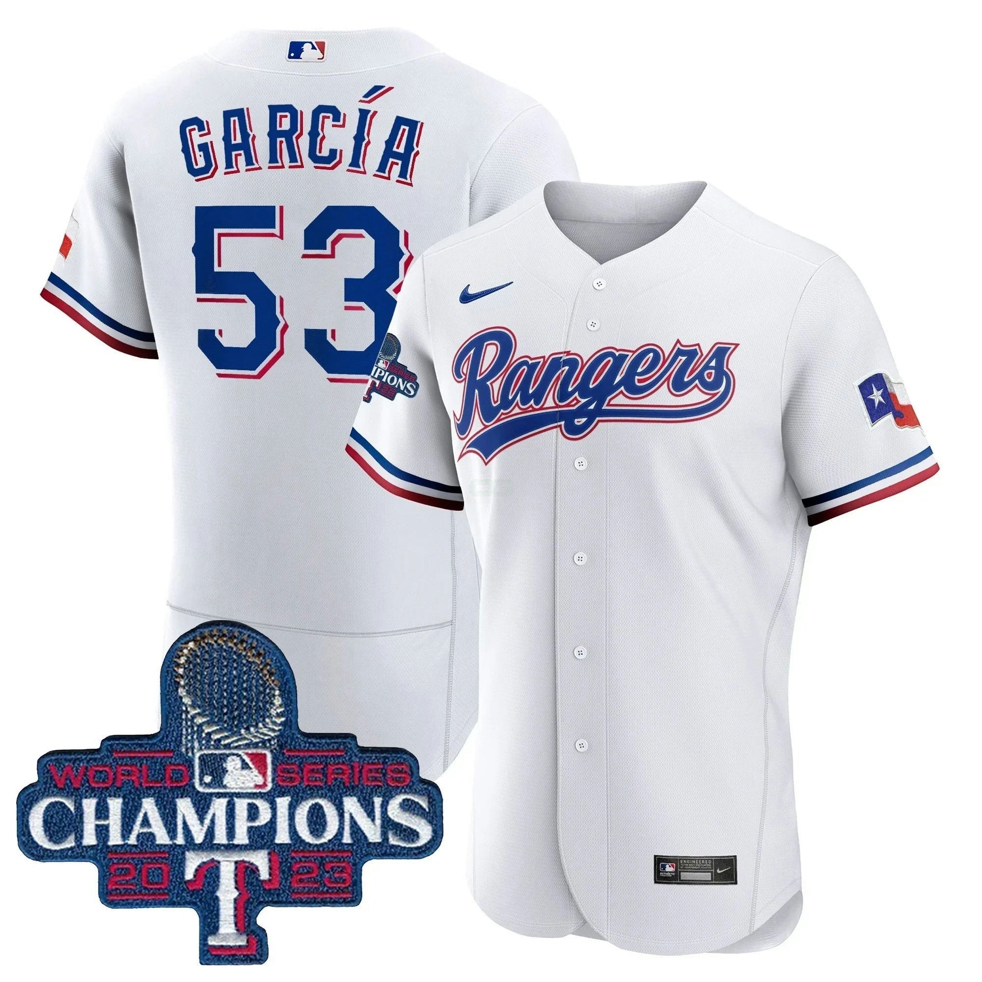 Camisa MLB Adolis Garcia Texas World Series Champions Branca Jersey 2023 - Branca