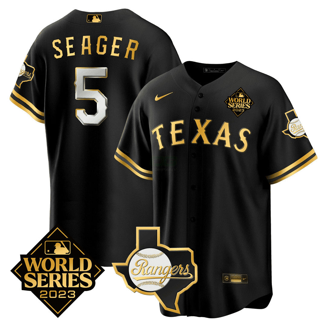 Camisa MLB Corey Seager Texas 2023 World Series & Texas State Patch Dourada Jersey