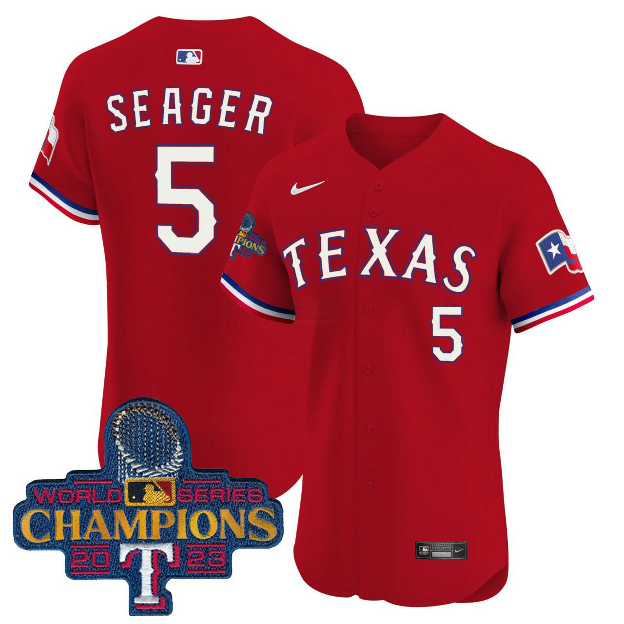 Camisa MLB Corey Seager Texas Red 2023 World Series Champions Dourada Trim Vapor Premier Elite Jersey