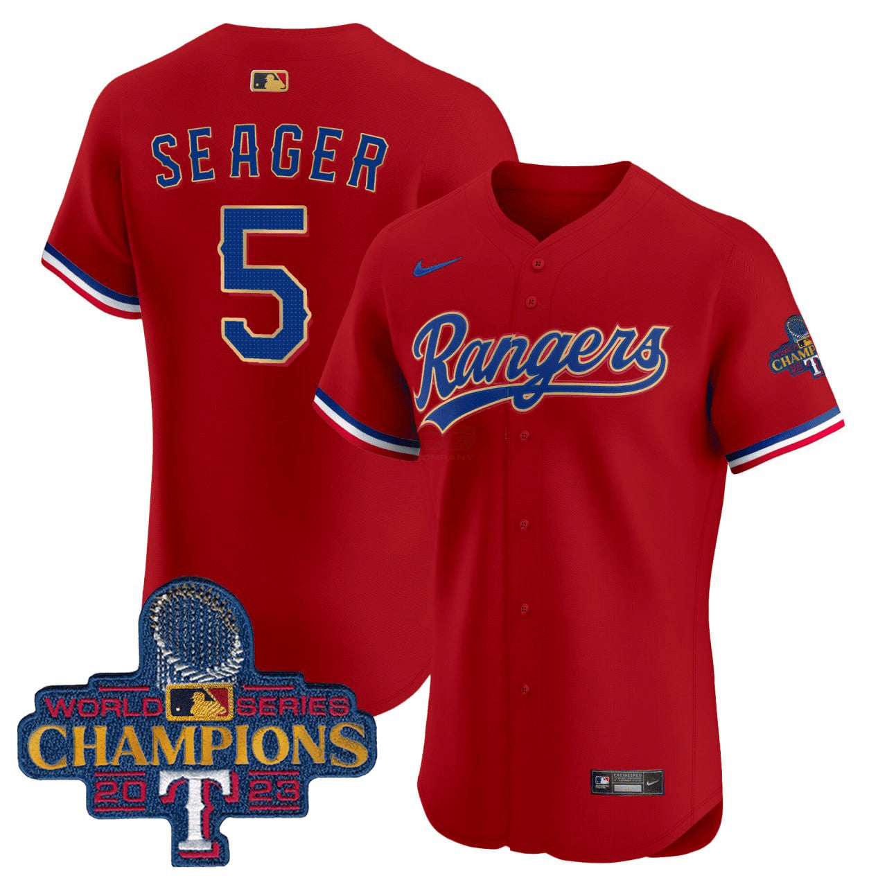 Camisa MLB Corey Seager Texas Red 2023 World Series Champions Dourada Trim Vapor Premier Elite Jersey