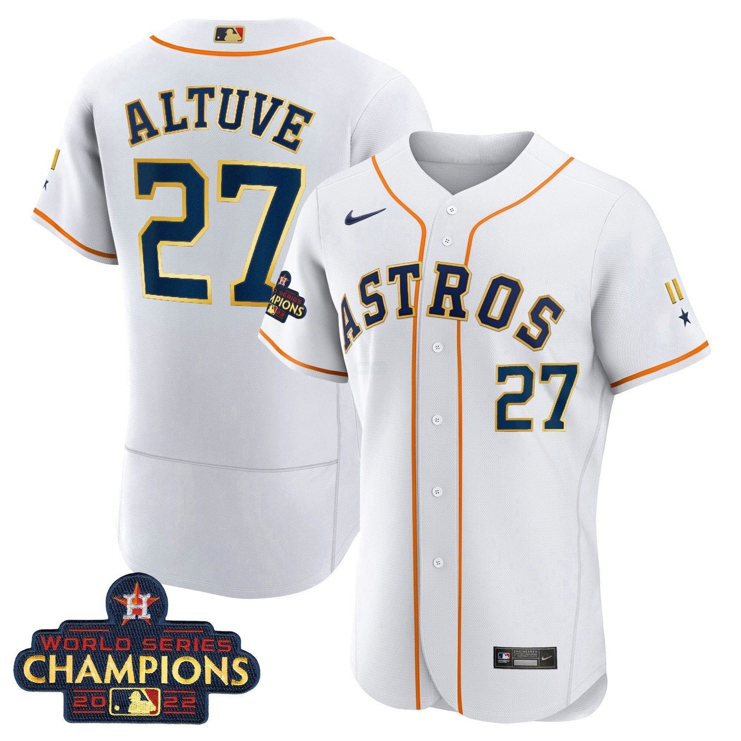 Camisa MLB Houston World Series Champion 2022 Branca Dourada Trim Jersey