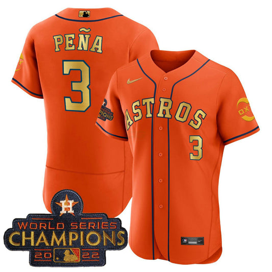 Camisa MLB Jeremy Pena Houston Laranja Dourada Oxy Patch Jersey - Flex Base