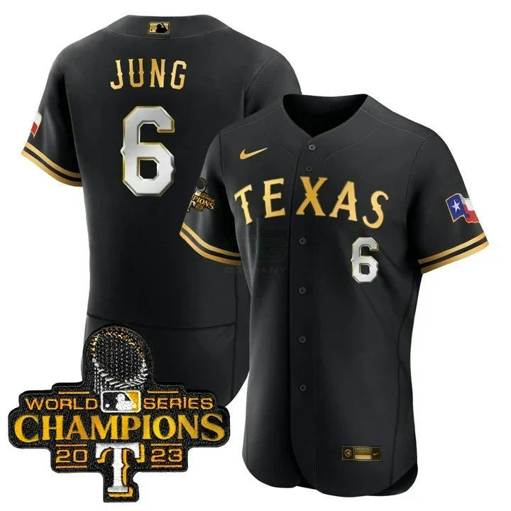 Camisa MLB Josh Jung Texas World Series Champions Preta Dourada Jersey - Preta Dourada