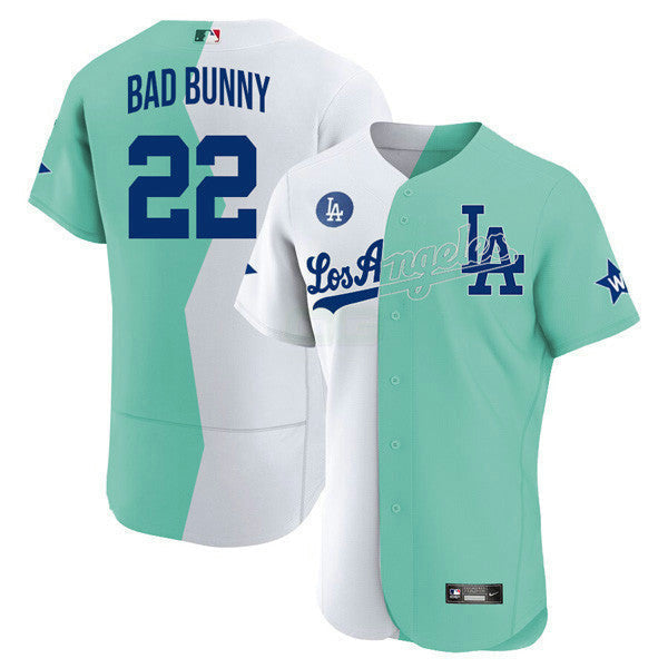 Camisa MLB Los Angeles Flex Base Branca Verde 2022 MLB All-Star Celebrity Softball Game Split Jersey