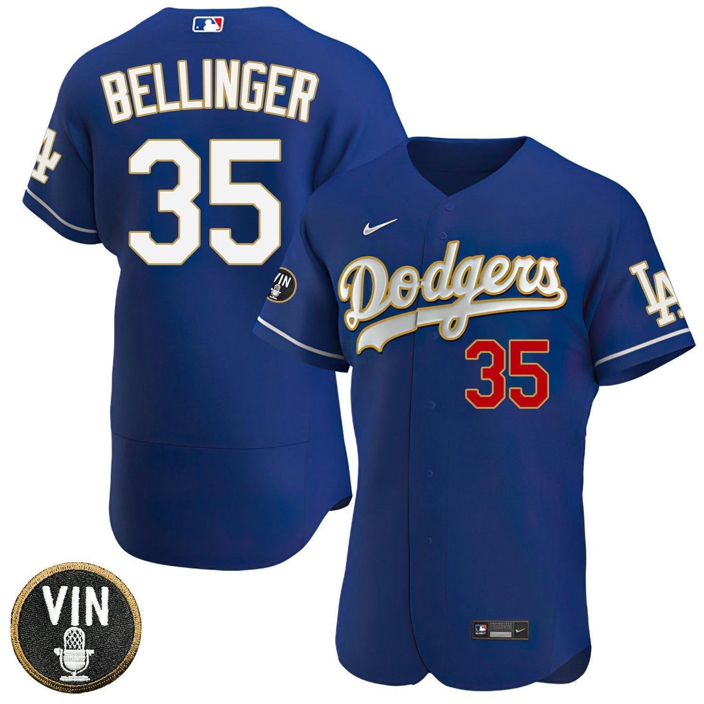 Camisa MLB Los Angeles Vin Scully Patch Dourada Trim Player Jersey – Azul Marinho