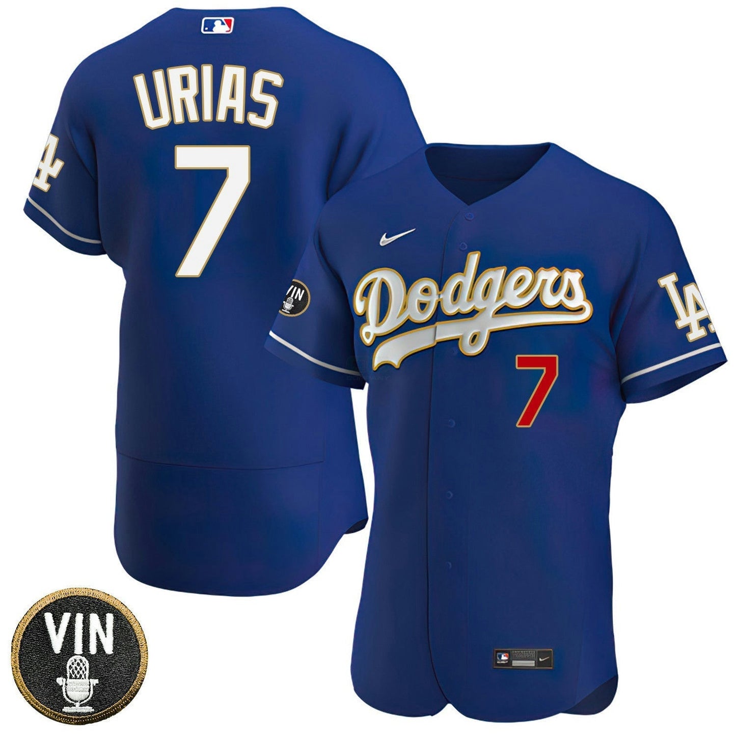 Camisa MLB Los Angeles Vin Scully Patch Dourada Trim Player Jersey – Azul Marinho