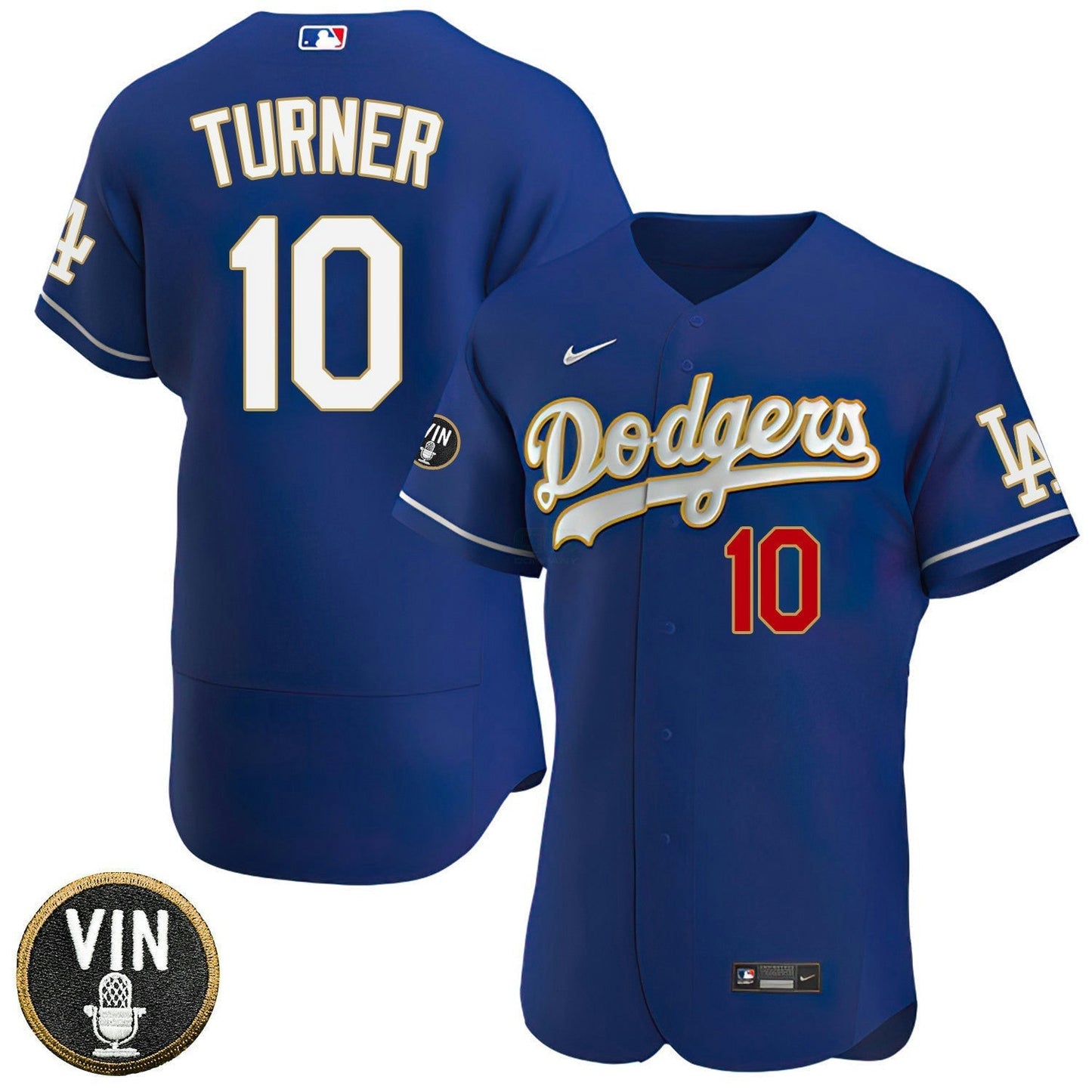 Camisa MLB Los Angeles Vin Scully Patch Dourada Trim Player Jersey – Azul Marinho