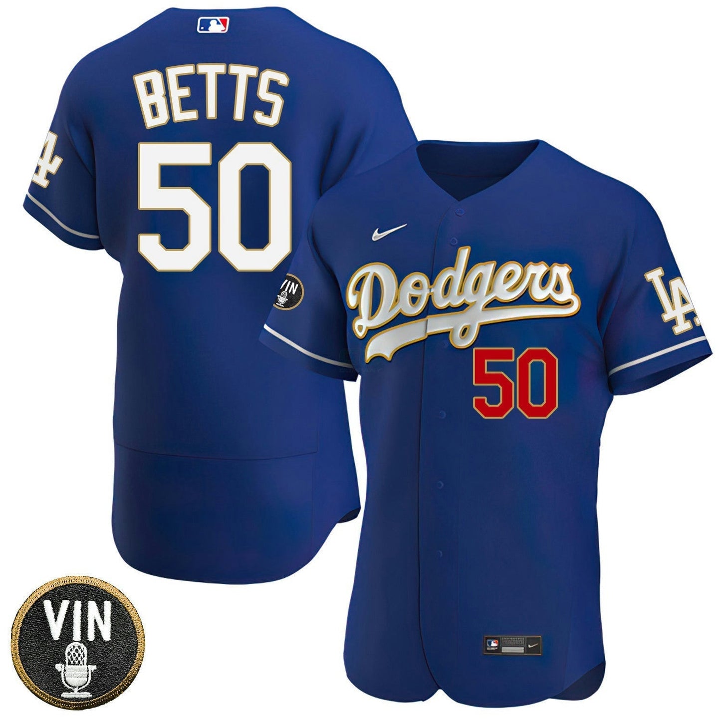 Camisa MLB Los Angeles Vin Scully Patch Dourada Trim Player Jersey – Azul Marinho