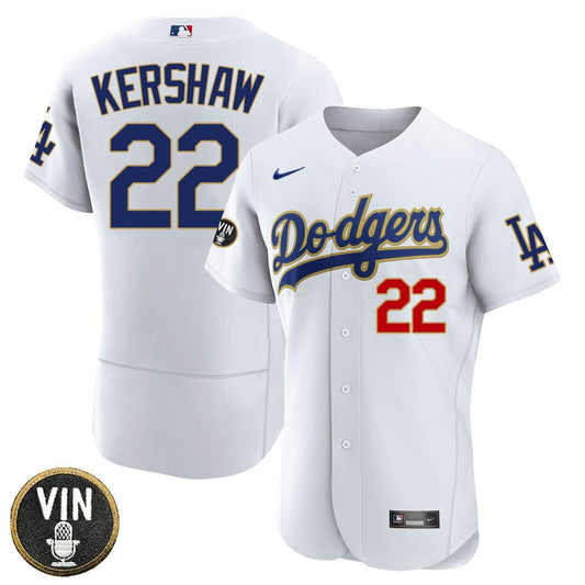 Camisa MLB Los Angeles Vin Scully Patch Dourada Trim Player Jersey – Branca