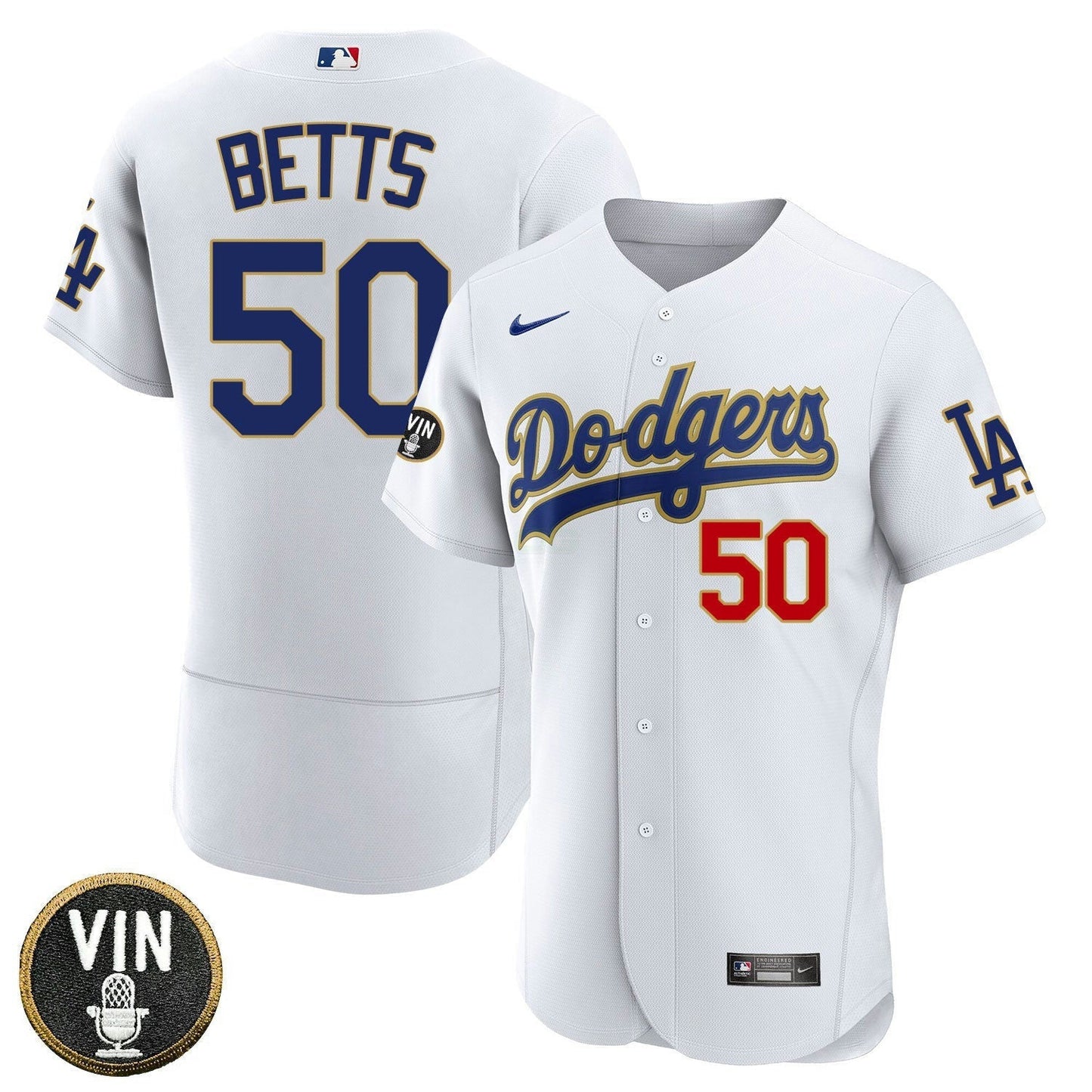 Camisa MLB Los Angeles Vin Scully Patch Dourada Trim Player Jersey – Branca