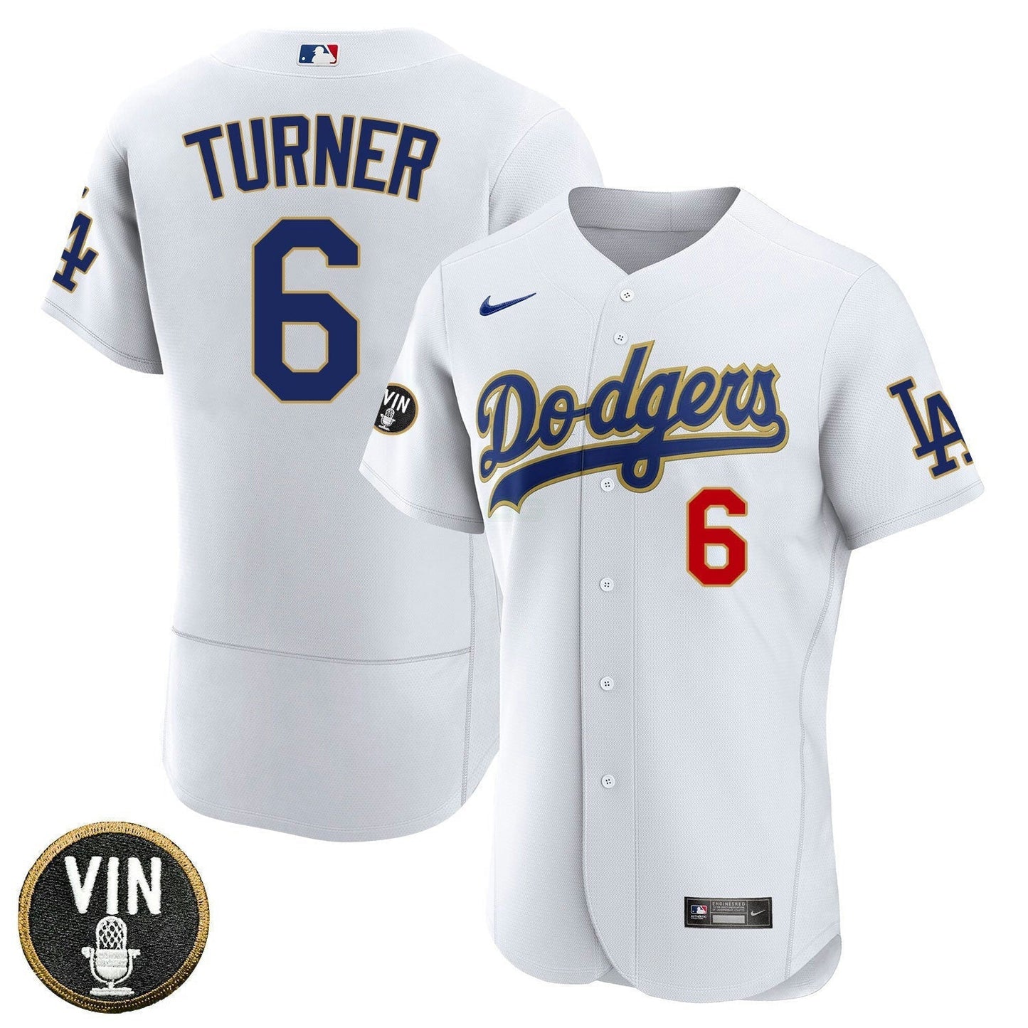 Camisa MLB Los Angeles Vin Scully Patch Dourada Trim Player Jersey – Branca