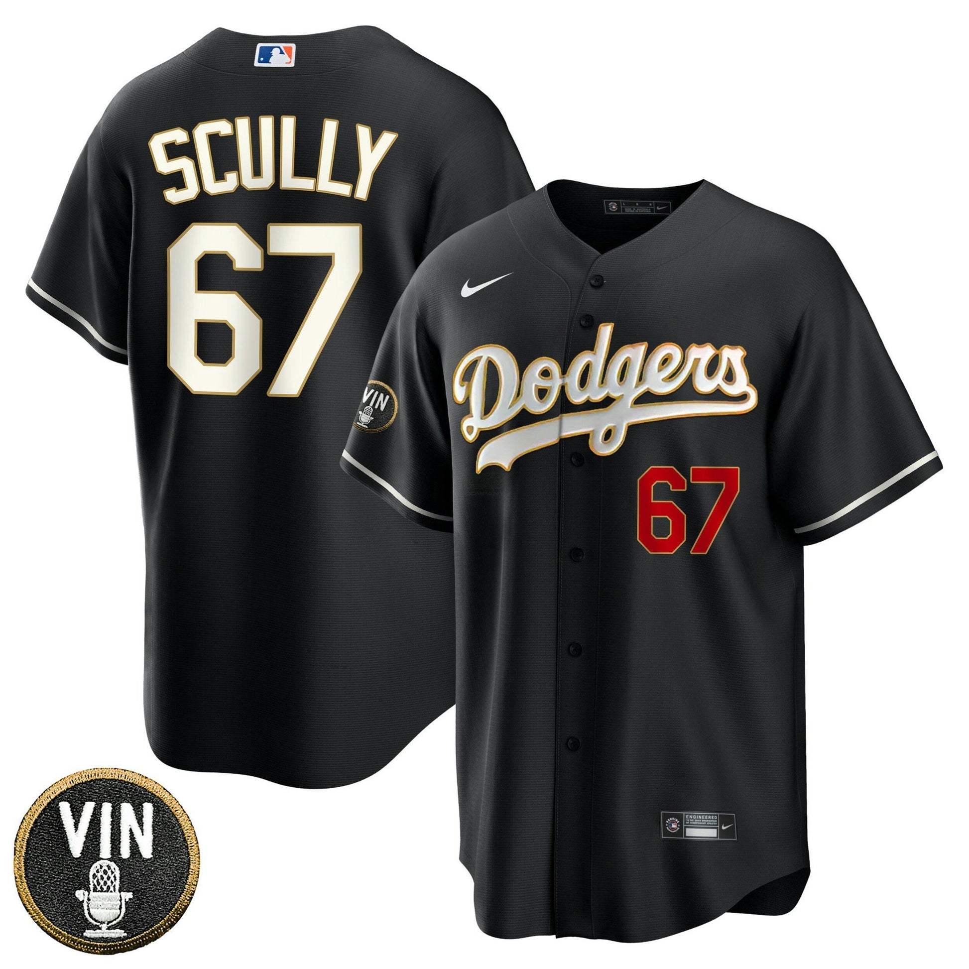 Camisa MLB Los Angeles Vin Scully Patch Preta Dourada Trim Jersey