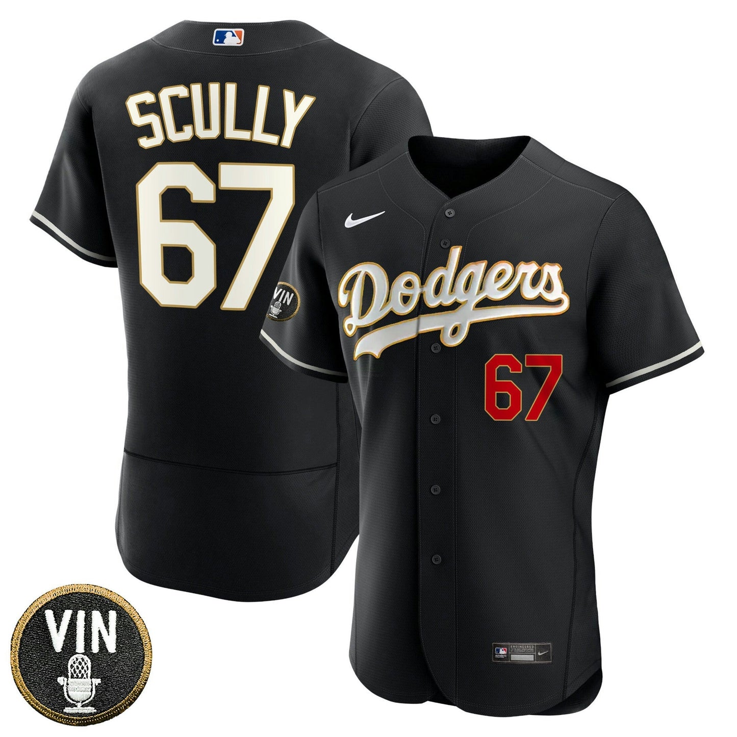 Camisa MLB Los Angeles Vin Scully Patch Preta Dourada Trim Jersey