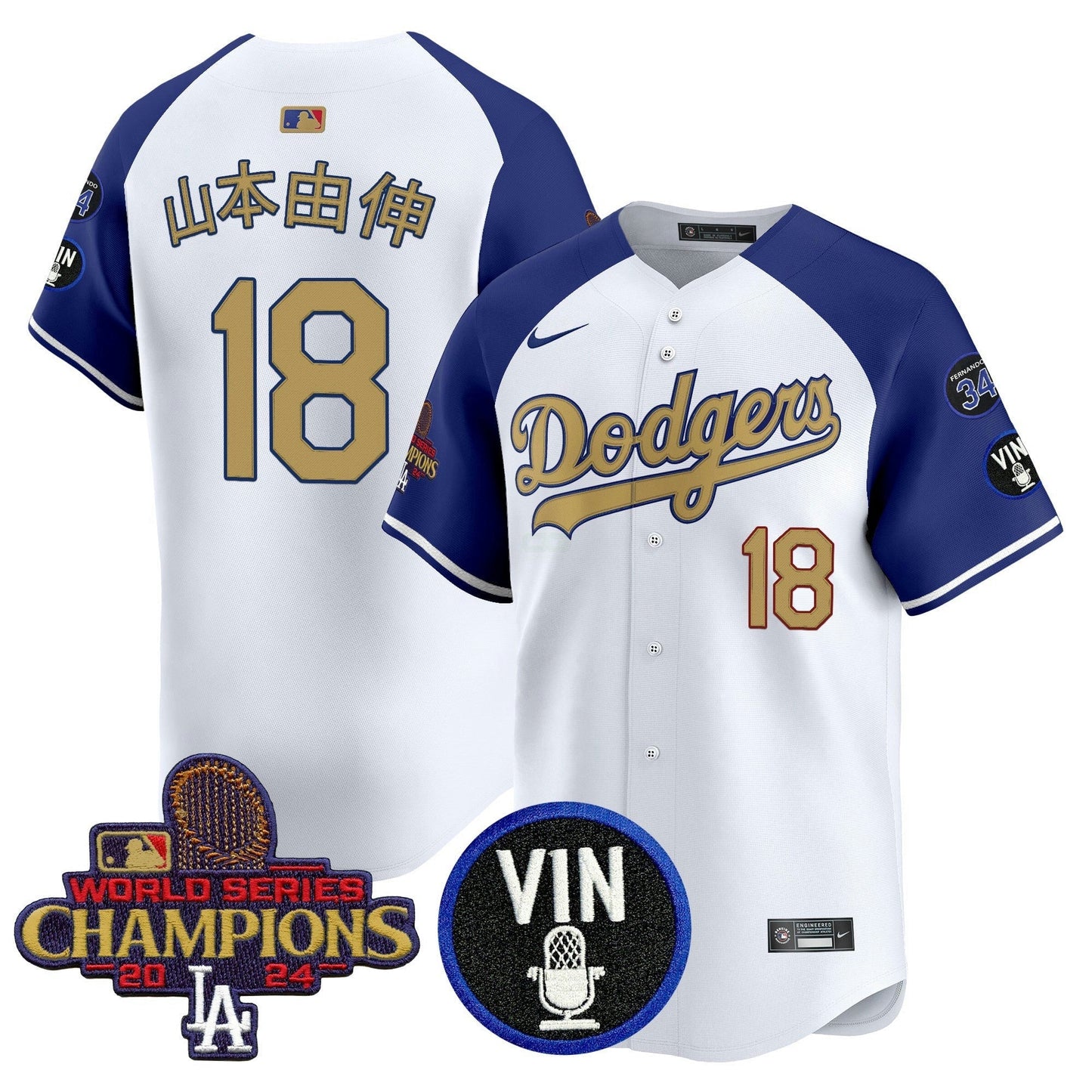 Camisa MLB Men’s 2025 Vin Scully & #34 Fernando Patch Dourada Vapor Premier Limited Jersey