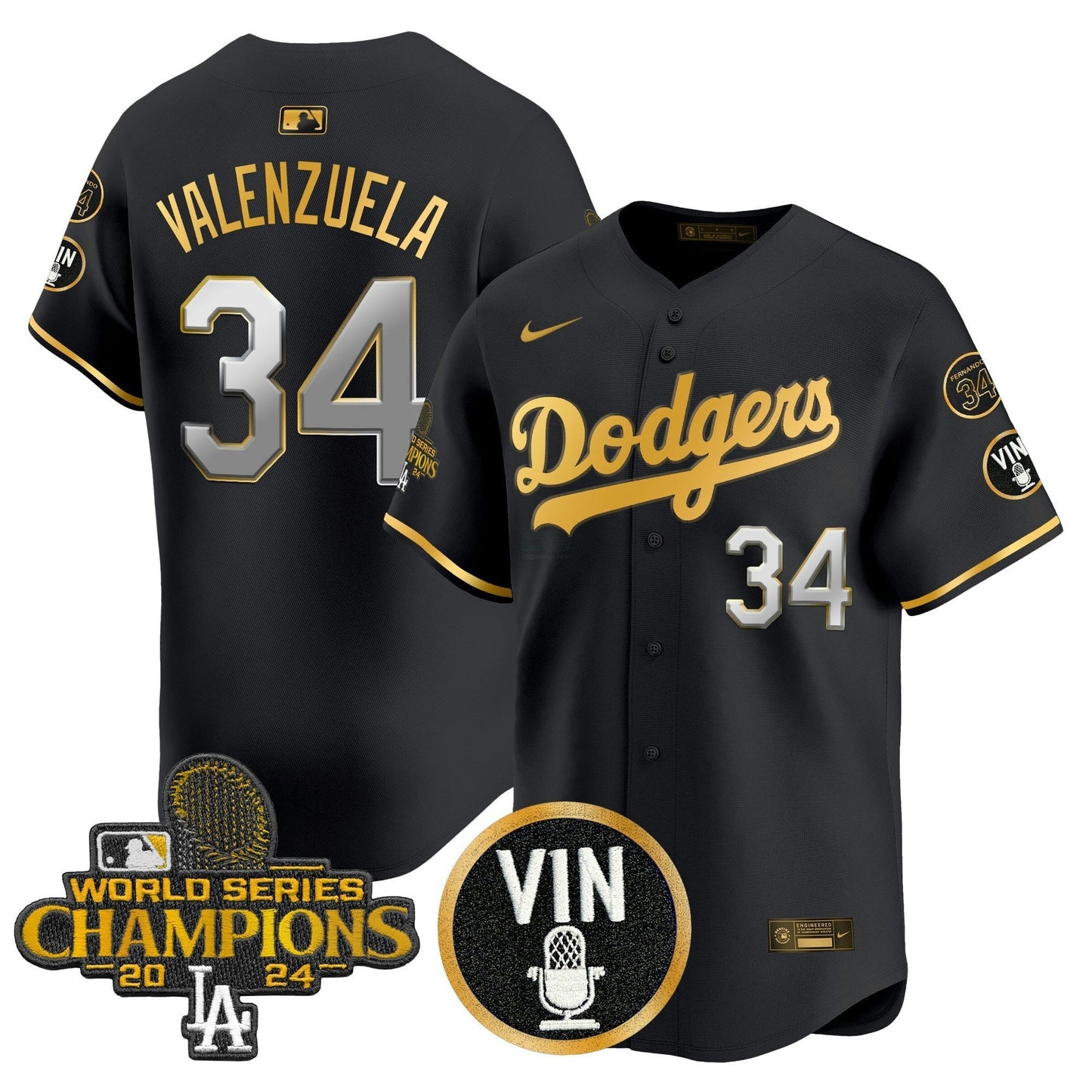 Camisa MLB Men’s 2025 Vin Scully & #34 Fernando Patch Dourada Vapor Premier Limited Jersey