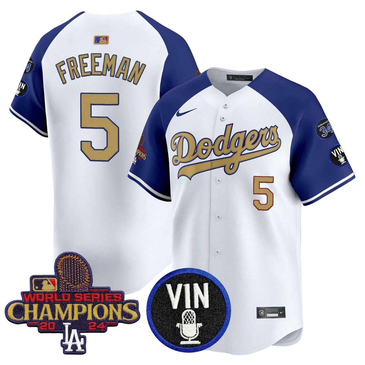 Camisa MLB Men’s 2025 Vin Scully & #34 Fernando Patch Dourada Vapor Premier Limited Jersey