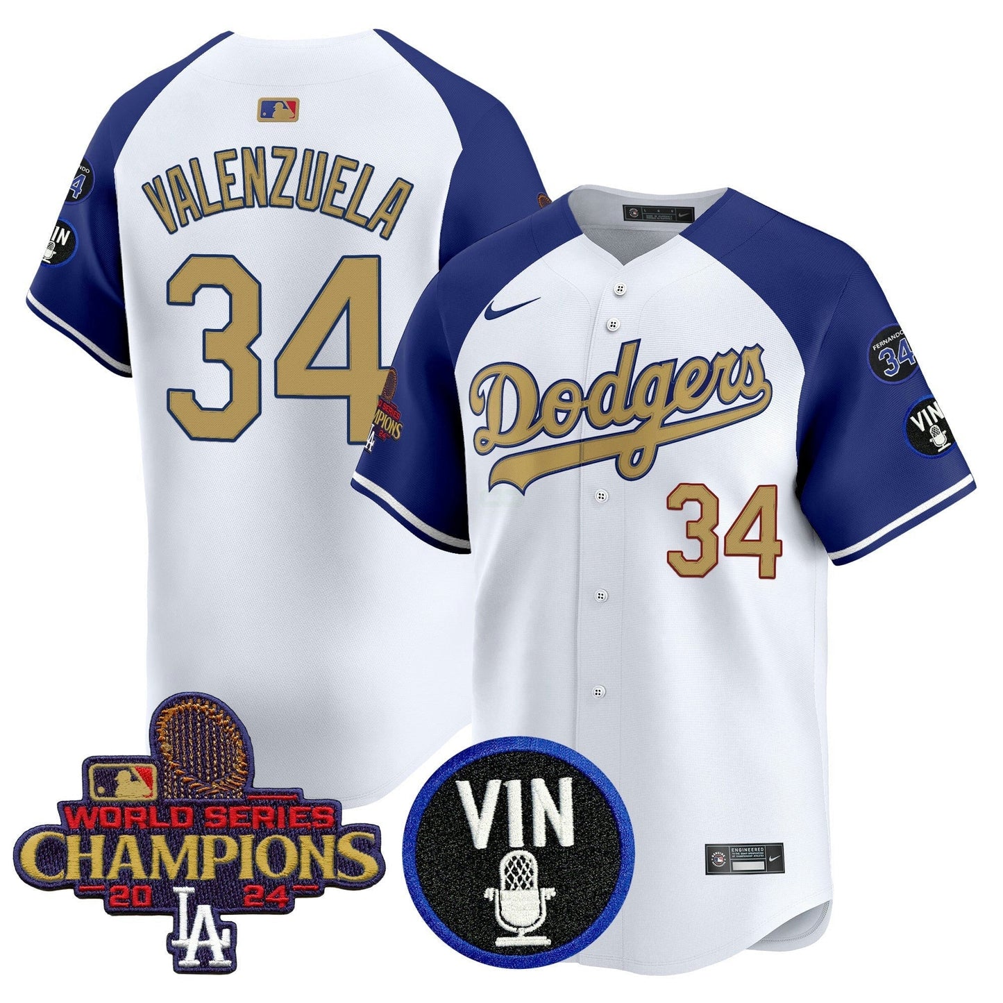Camisa MLB Men’s 2025 Vin Scully & #34 Fernando Patch Dourada Vapor Premier Limited Jersey
