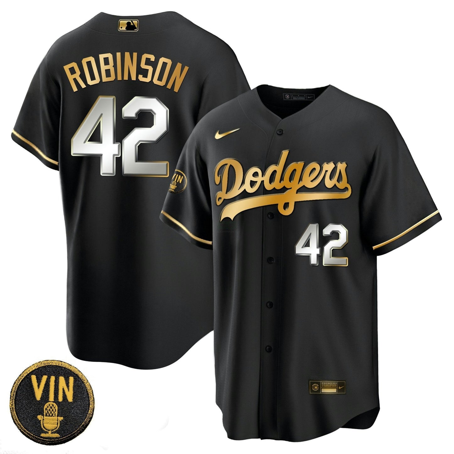 Camisa MLB Men’s Black Limited Vin Scully Patch Dourada Jersey