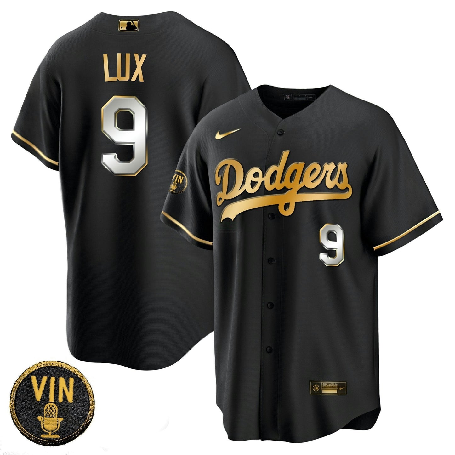 Camisa MLB Men’s Black Limited Vin Scully Patch Dourada Jersey