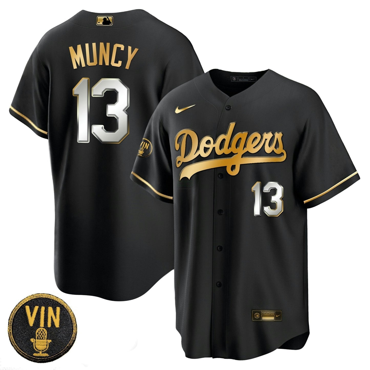 Camisa MLB Men’s Black Limited Vin Scully Patch Dourada Jersey