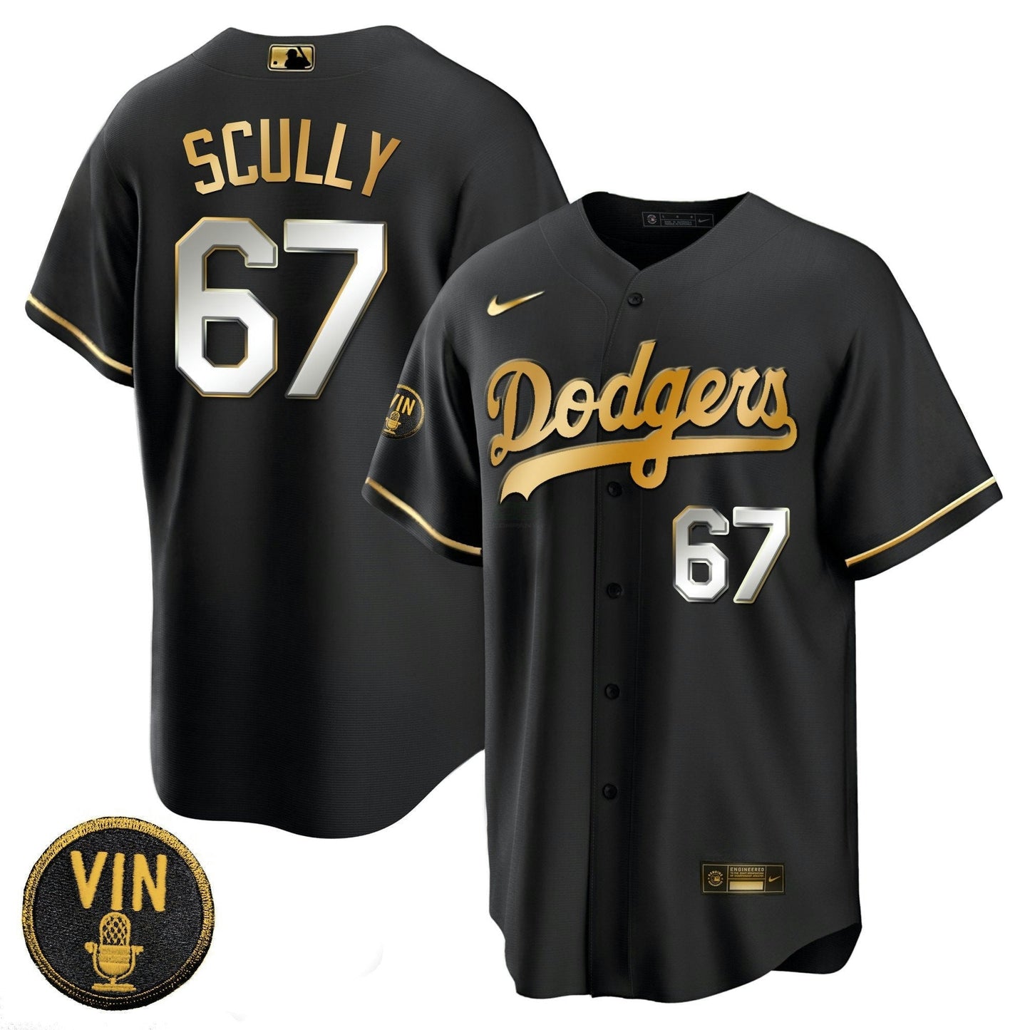 Camisa MLB Men’s Black Limited Vin Scully Patch Dourada Jersey