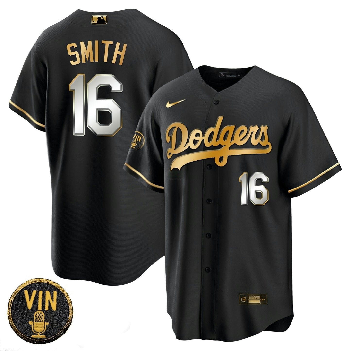 Camisa MLB Men’s Black Limited Vin Scully Patch Dourada Jersey