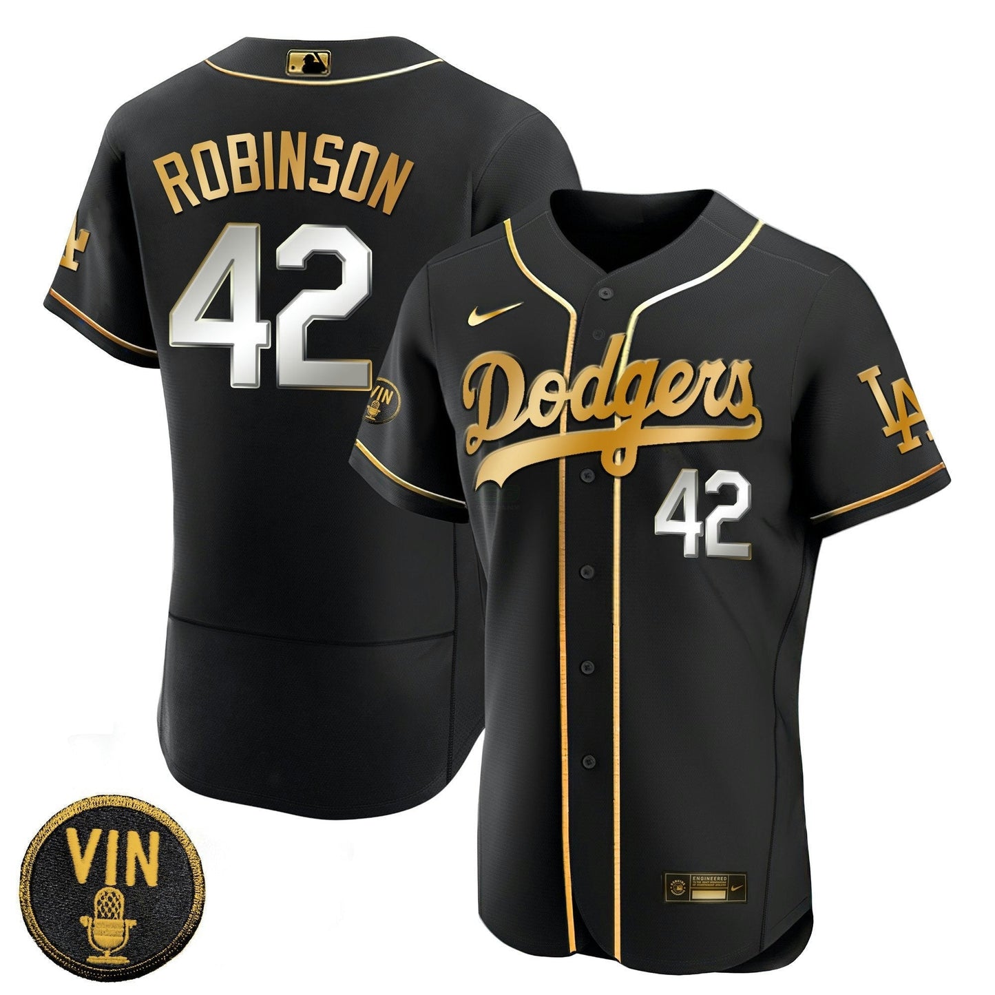 Camisa MLB Men’s Black Limited Vin Scully Patch Dourada Jersey