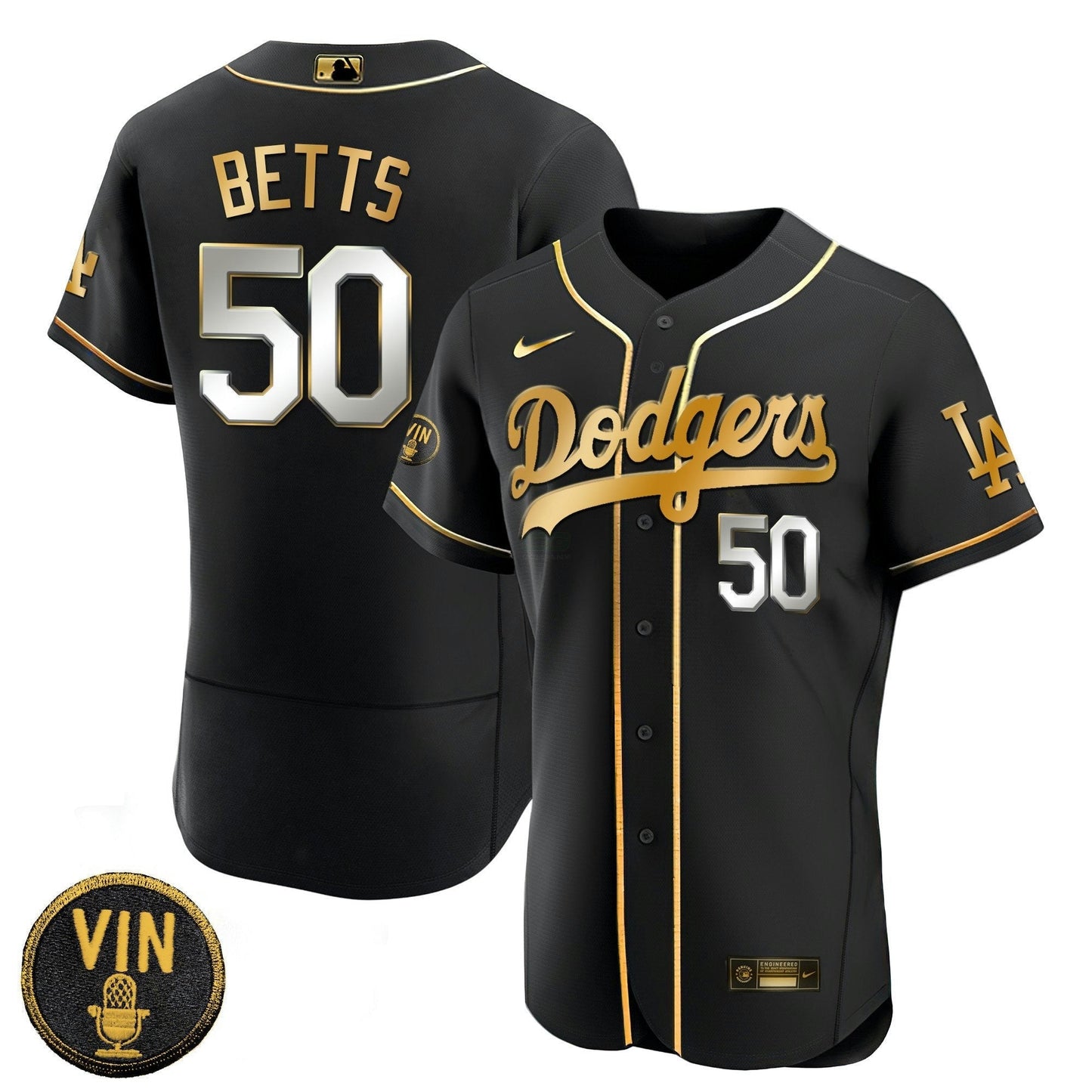 Camisa MLB Men’s Black Limited Vin Scully Patch Dourada Jersey
